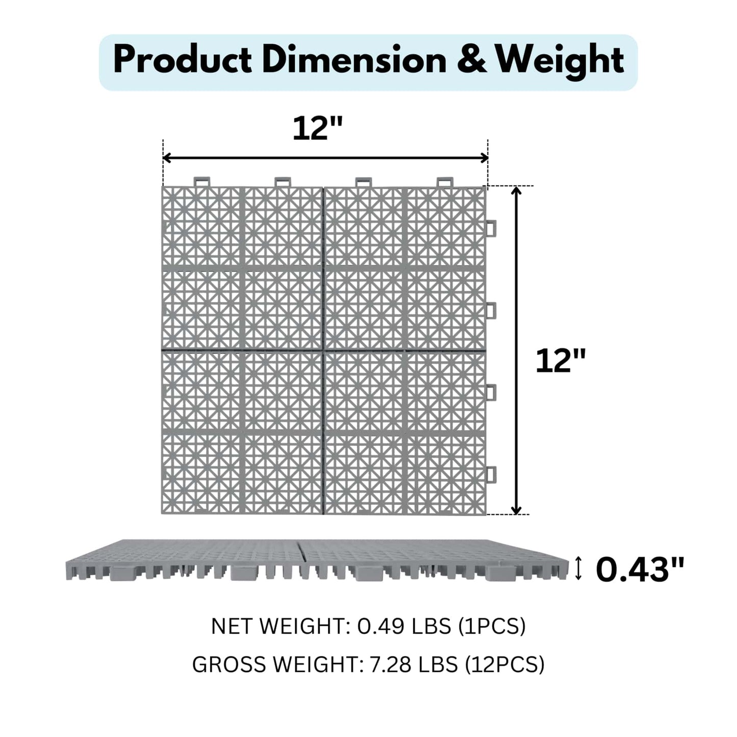 Heavy Duty 12x12 Interlocking Waterproof Patio Tiles for Outdoor Spaces - Anti-Slip Snap Together Flooring Gray Pack of 12