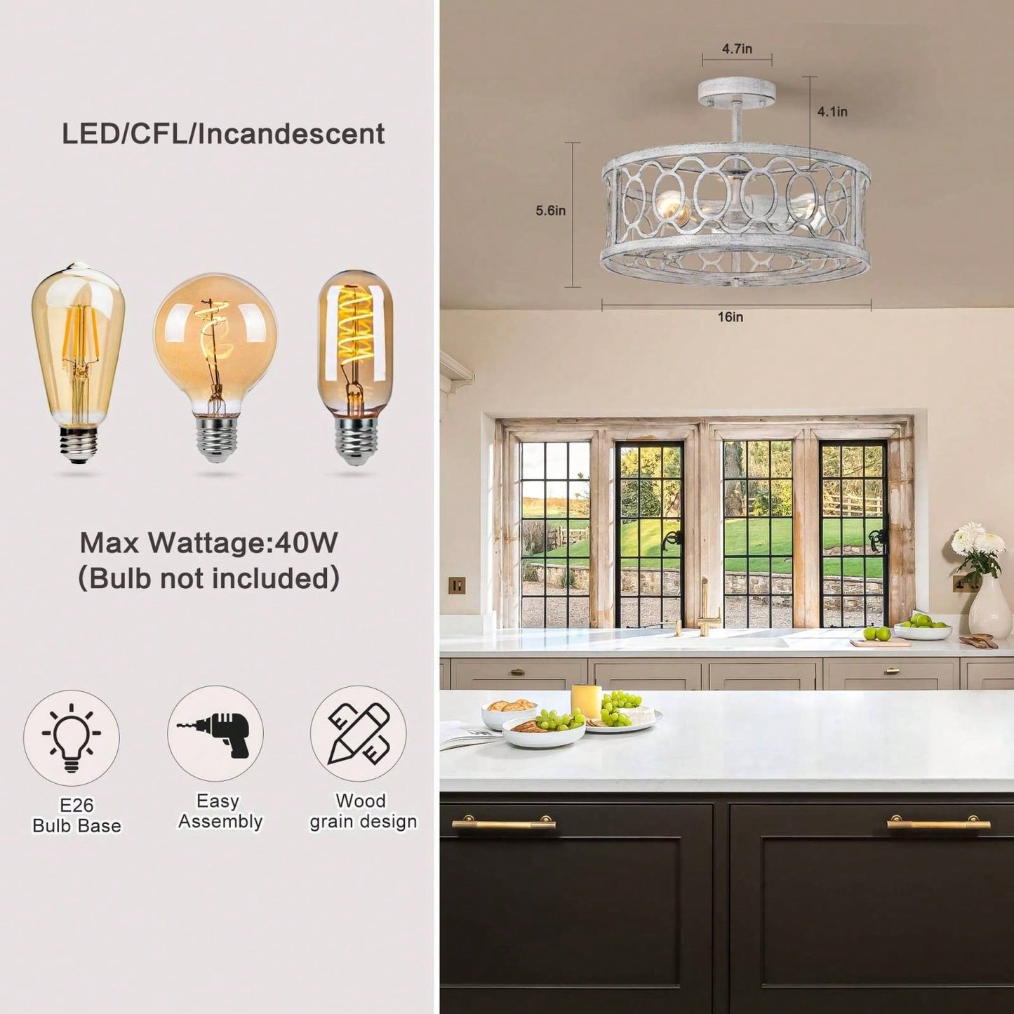 3 -Light Flush Mount Ceiling Light Fixture For Kitchen, Bedroom, Living Room