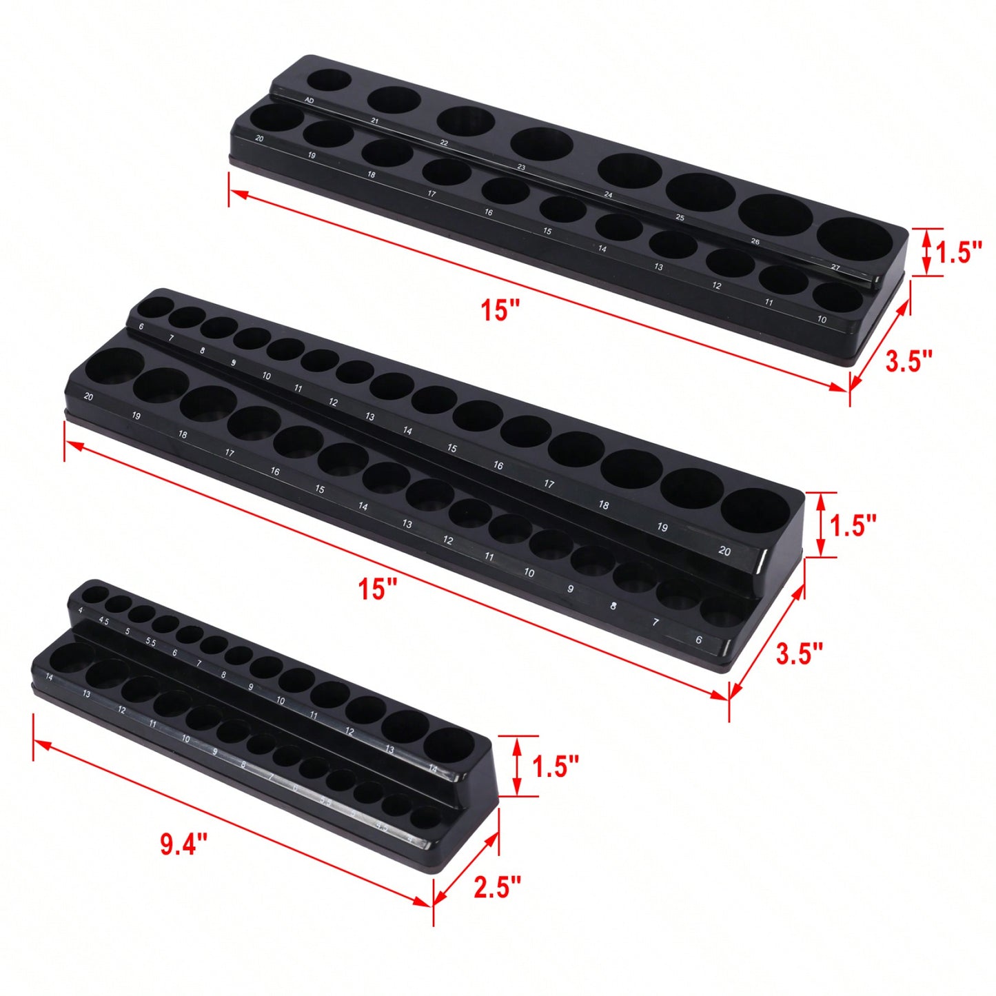 3 Piece Metric Magnetic Socket Organizers, Magnetic Socket Holder, Black Tool Box Organizer