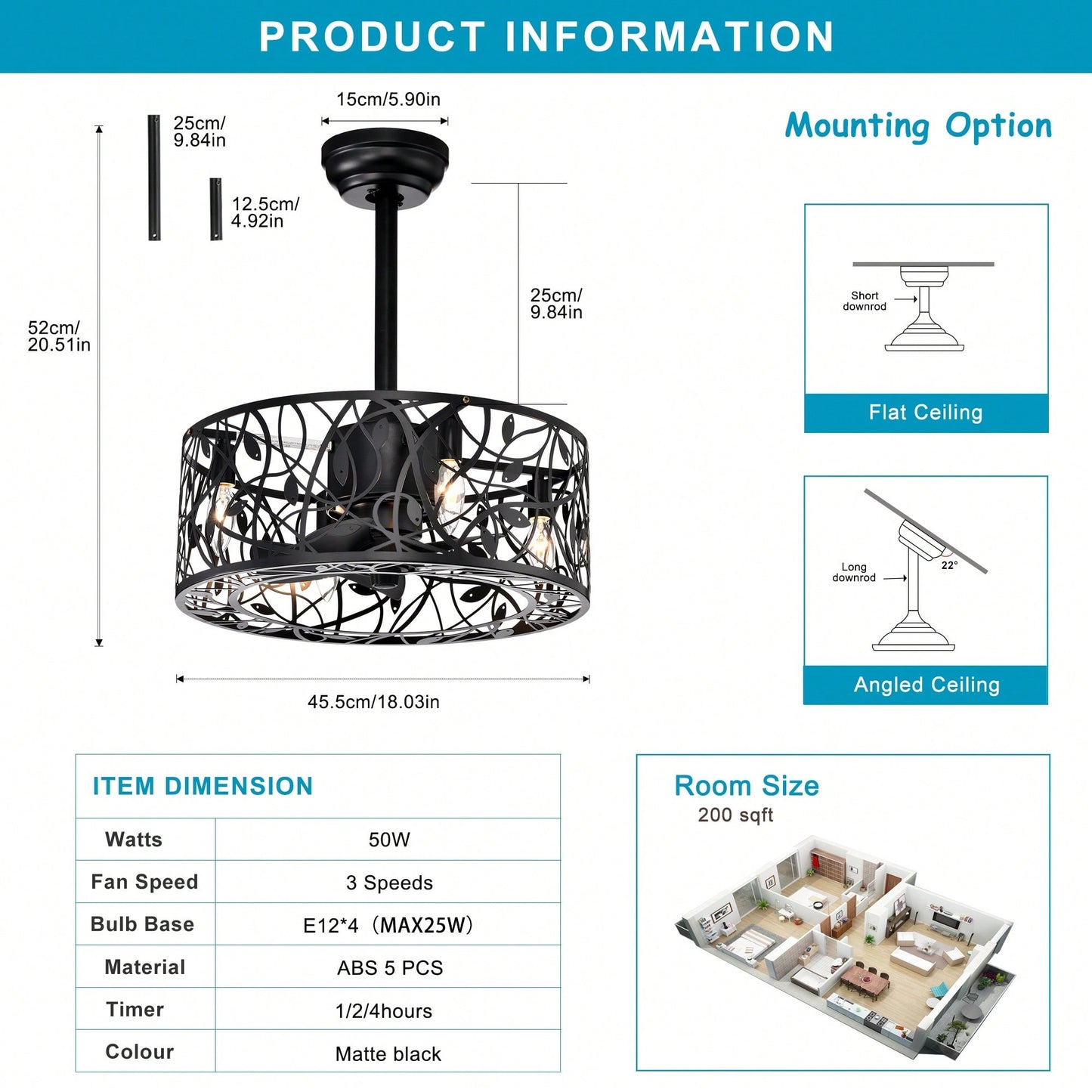 5 Blades Ceiling Fan Lamps, Industrial Style Vintage Fan Ceiling Fan With 3 Speeds Adjustable For Living Room, Bedroom, Kitchen