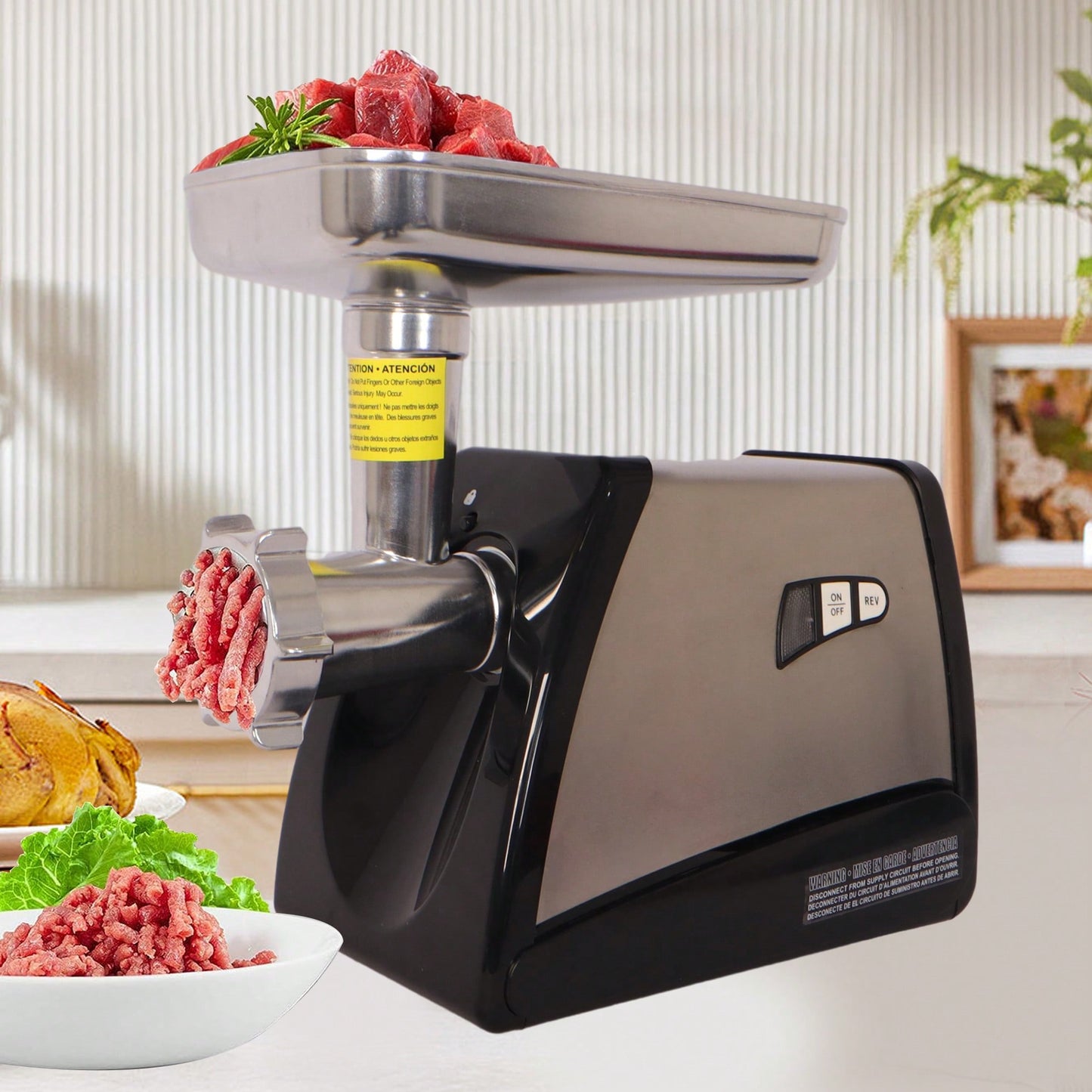 570W Stainless Steel Electric Meat Grinder and Sausage Stuffer with 3 Plates and Funnel