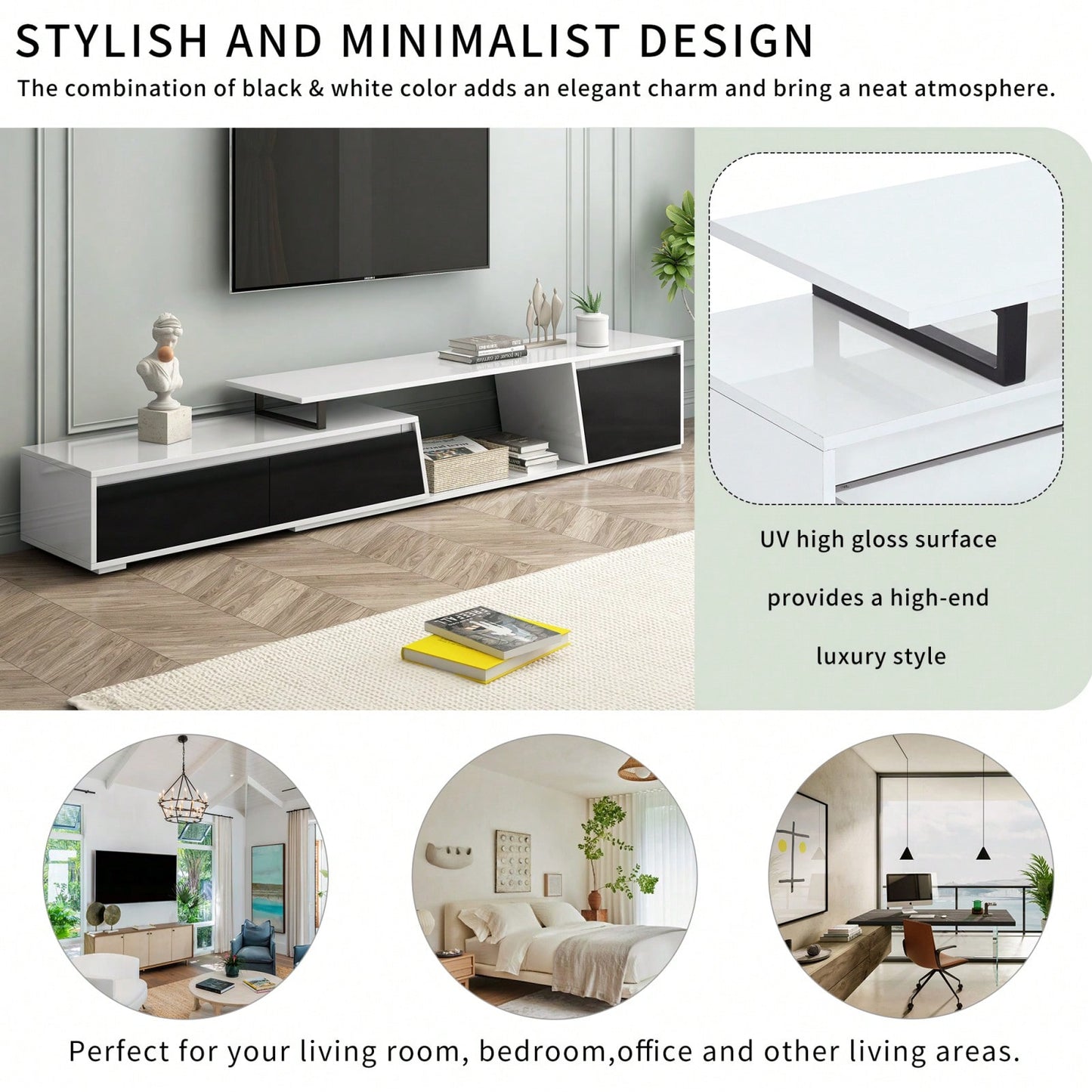 Modern Extendable TV Stand, Minimalist TV Console With Drawers & Cabinet For TVs Up To 100 Inches