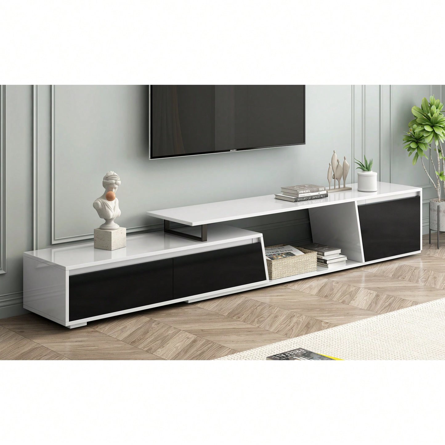 Modern Extendable TV Stand, Minimalist TV Console With Drawers & Cabinet For TVs Up To 100 Inches