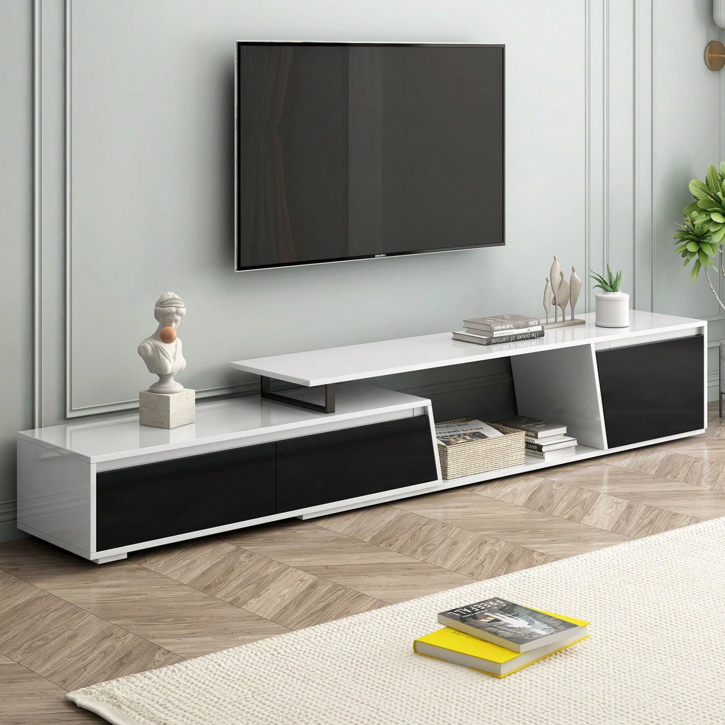 Modern Extendable TV Stand, Minimalist TV Console With Drawers & Cabinet For TVs Up To 100 Inches