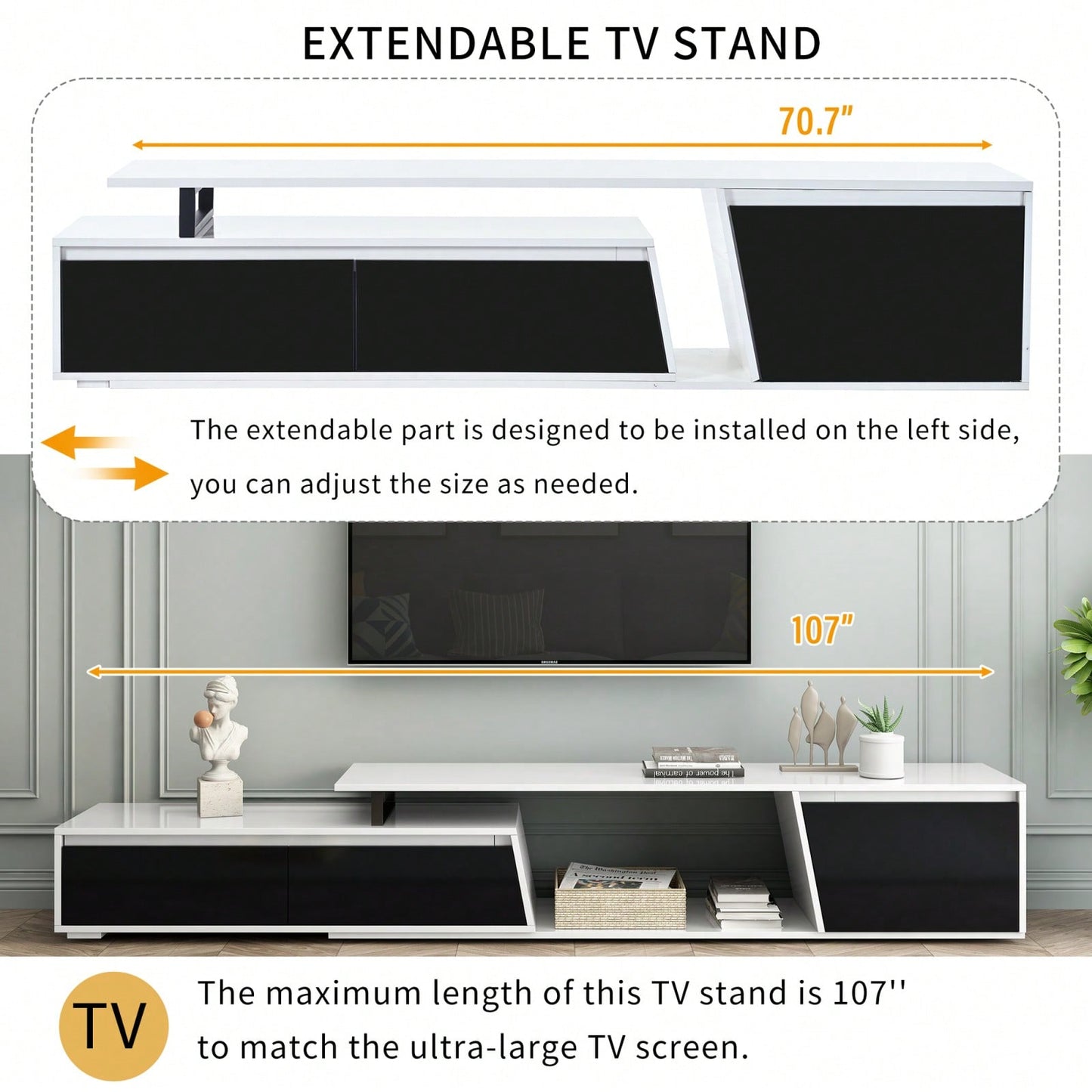 Modern Extendable TV Stand, Minimalist TV Console With Drawers & Cabinet For TVs Up To 100 Inches