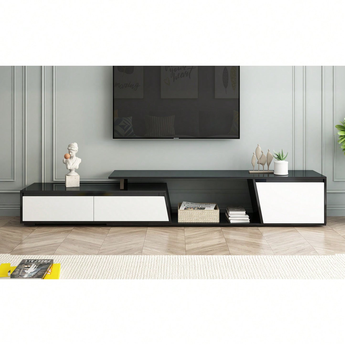 Modern Extendable TV Stand, Minimalist TV Console With Drawers & Cabinet For TVs Up To 100 Inches
