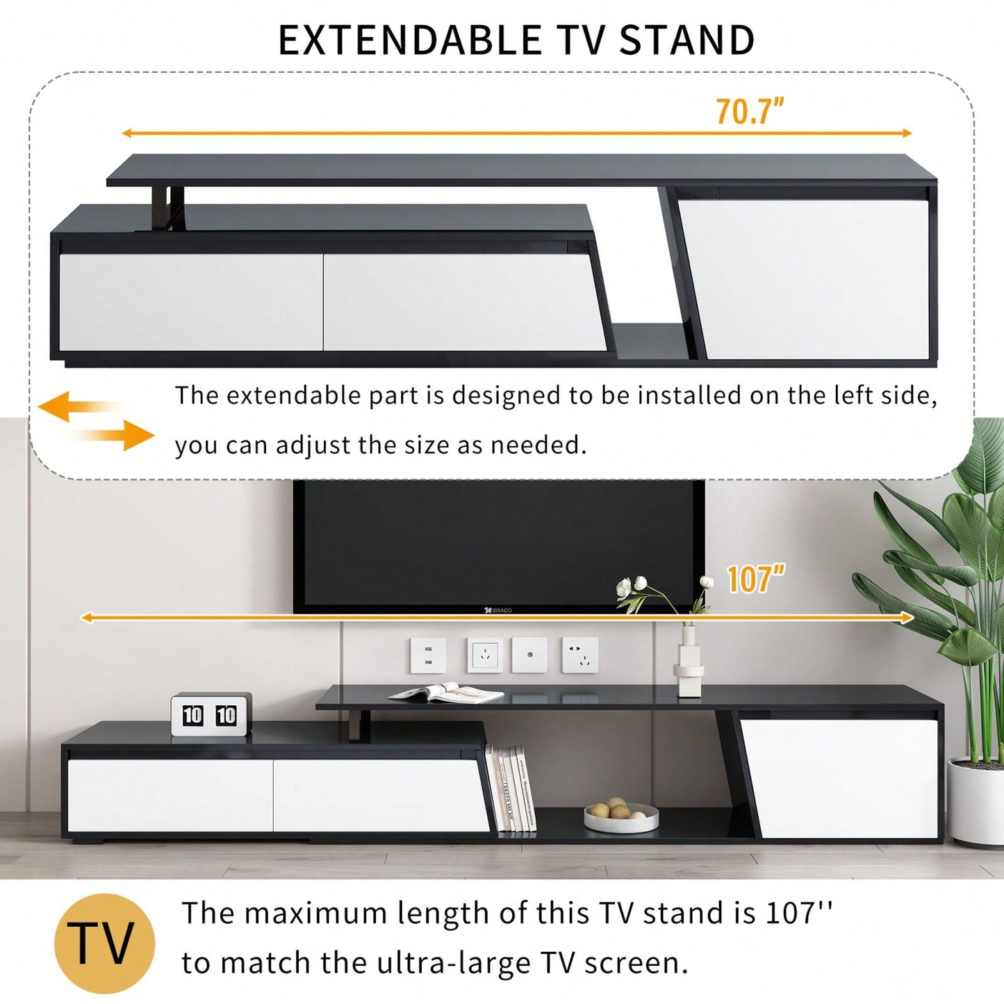 Modern Extendable TV Stand, Minimalist TV Console With Drawers & Cabinet For TVs Up To 100 Inches