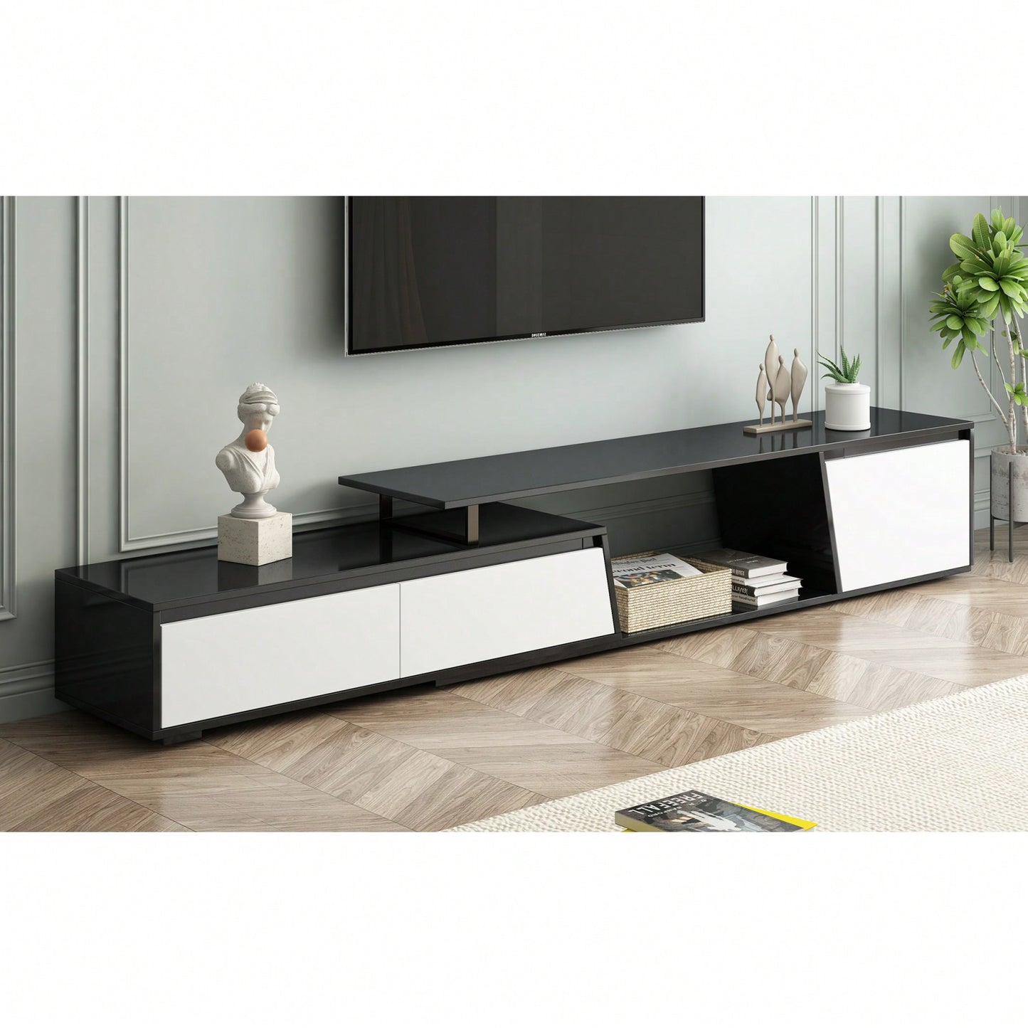 Modern Extendable TV Stand, Minimalist TV Console With Drawers & Cabinet For TVs Up To 100 Inches
