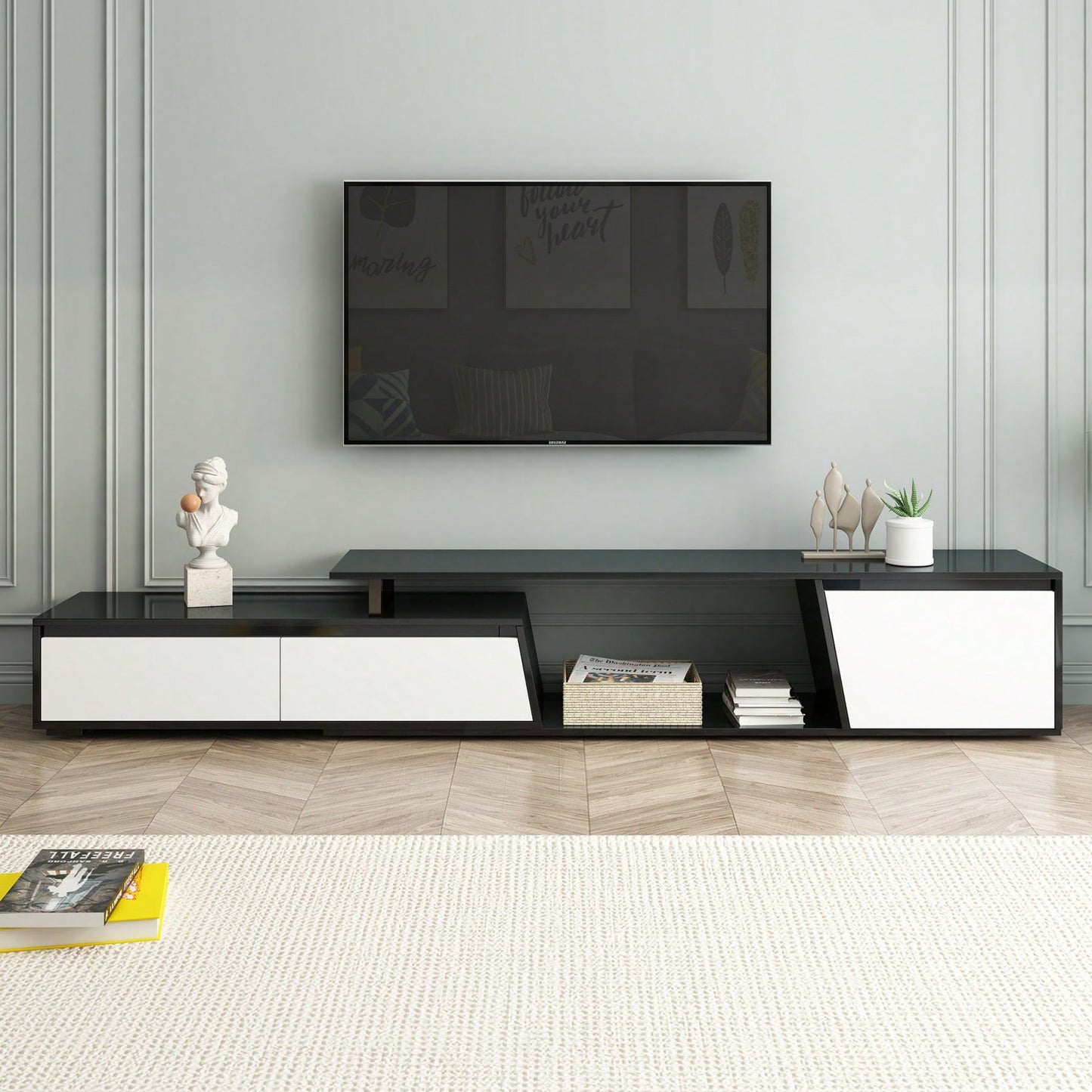 Modern Extendable TV Stand, Minimalist TV Console With Drawers & Cabinet For TVs Up To 100 Inches