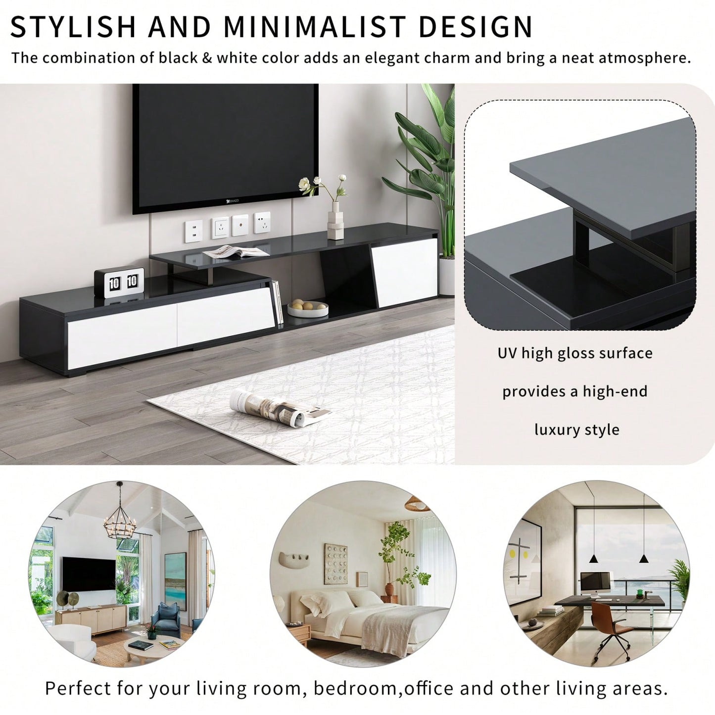 Modern Extendable TV Stand, Minimalist TV Console With Drawers & Cabinet For TVs Up To 100 Inches