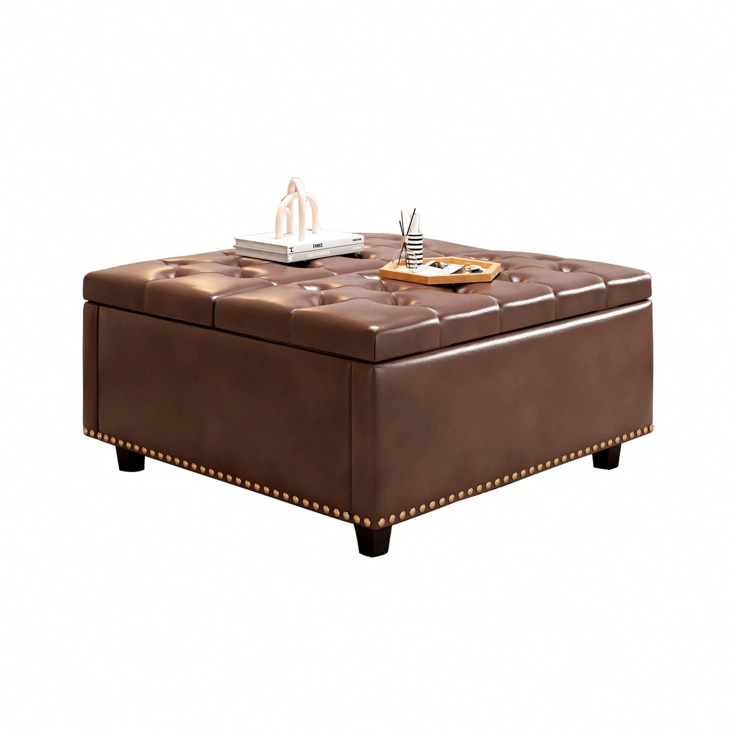 Mid-Century Modern Large Square Storage Ottoman With PU Leather Upholstery