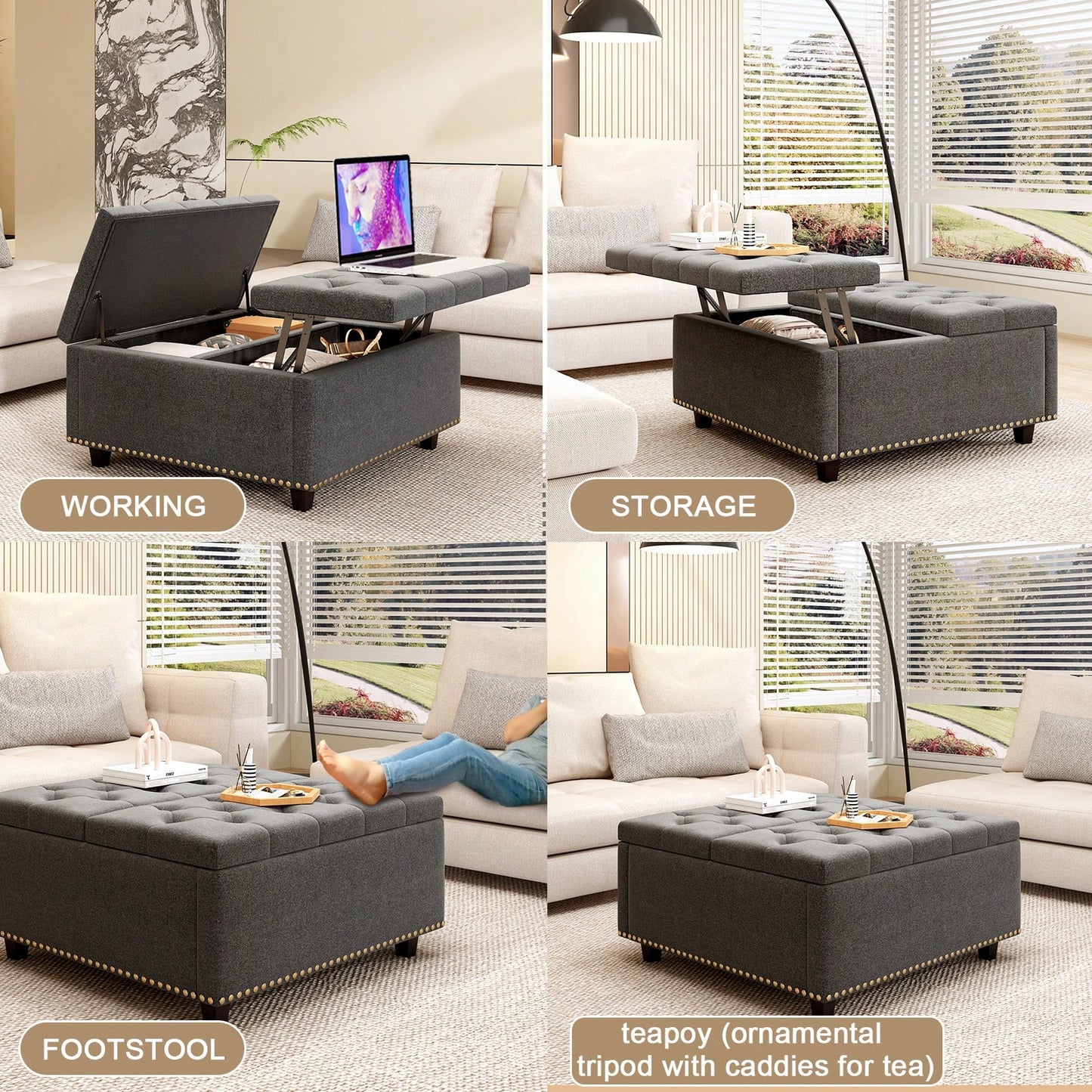 Mid-Century Modern Large Square Storage Ottoman With PU Leather Upholstery