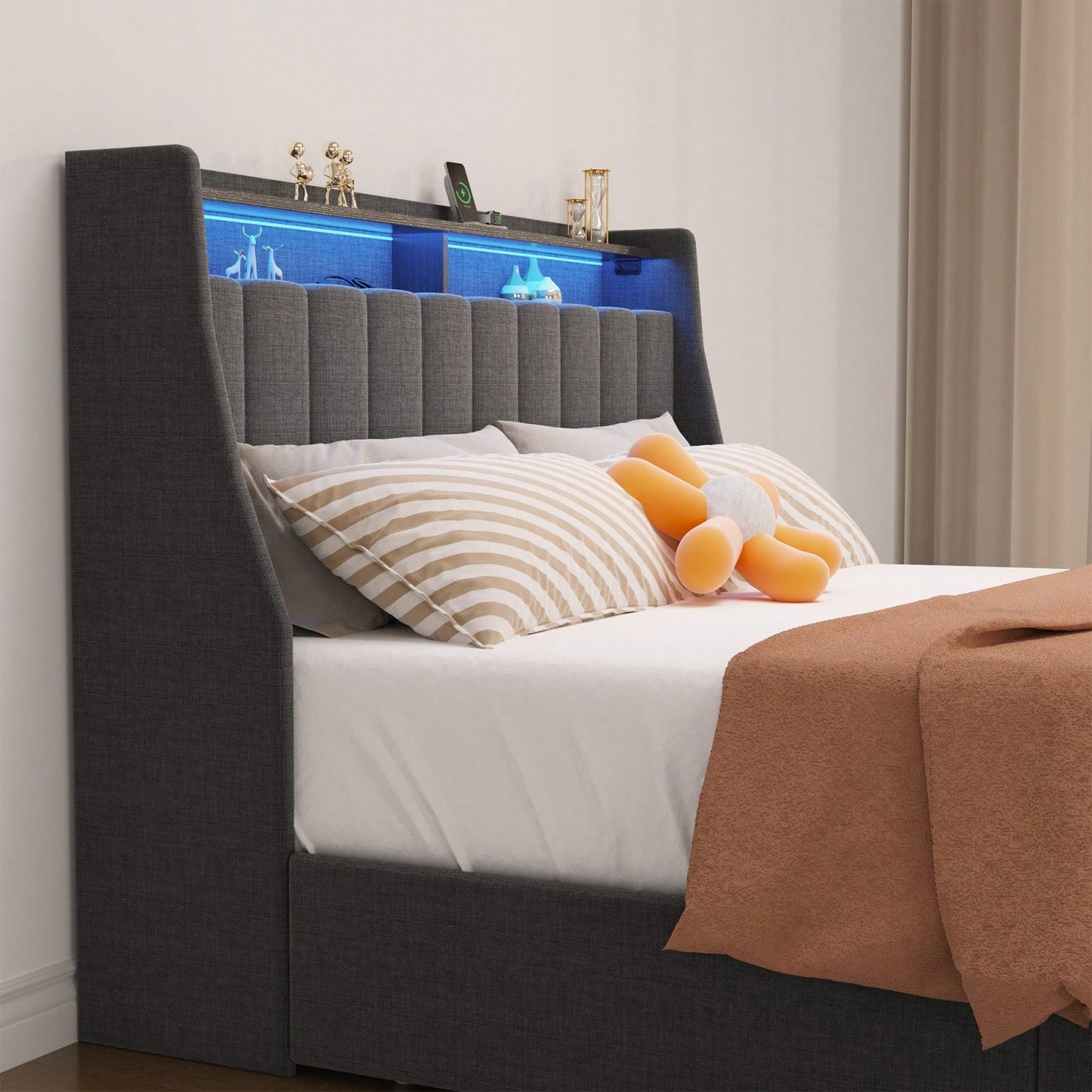 4 Drawers Under Bed Frame With LED, Wings Headboard Design