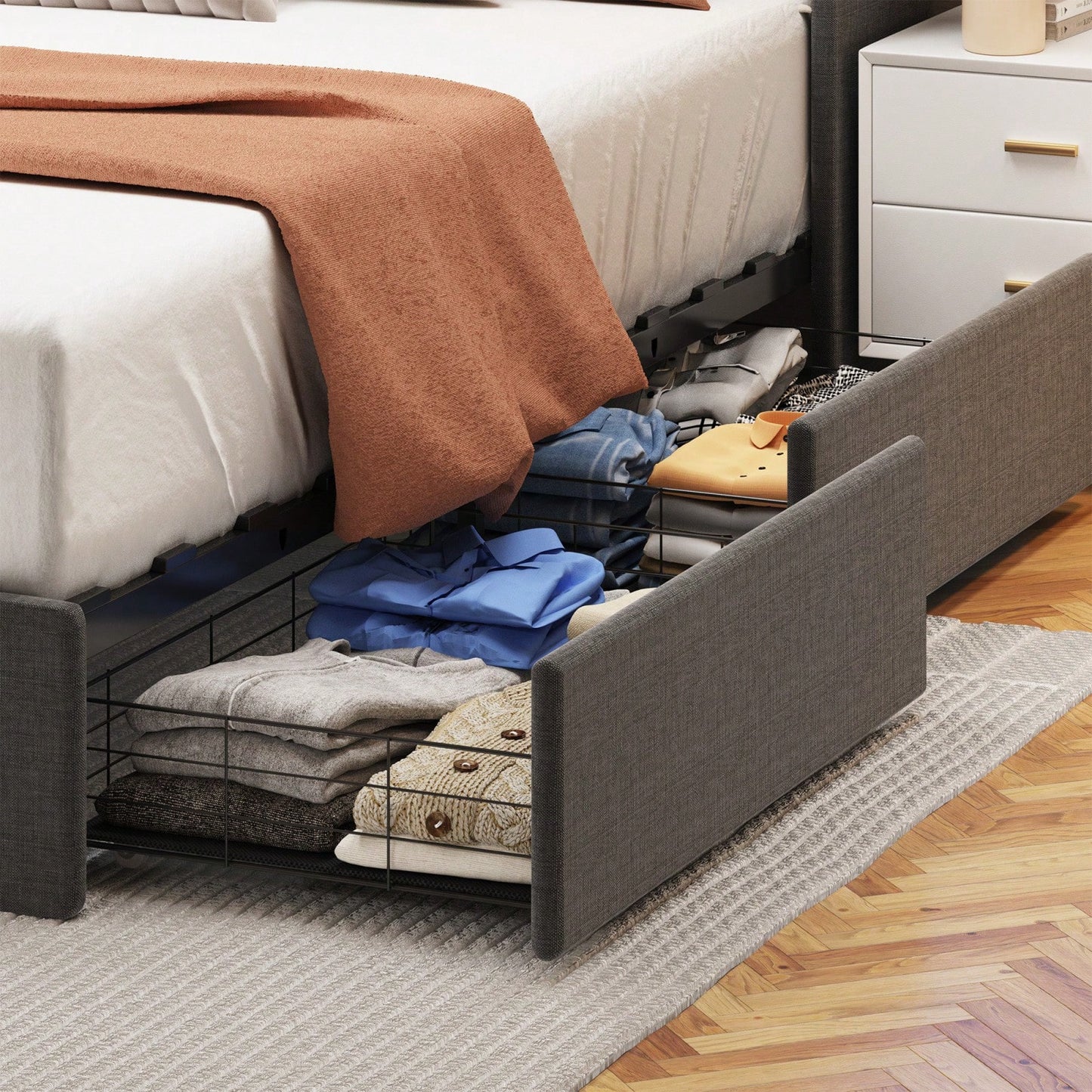 4 Drawers Under Bed Frame With LED, Wings Headboard Design