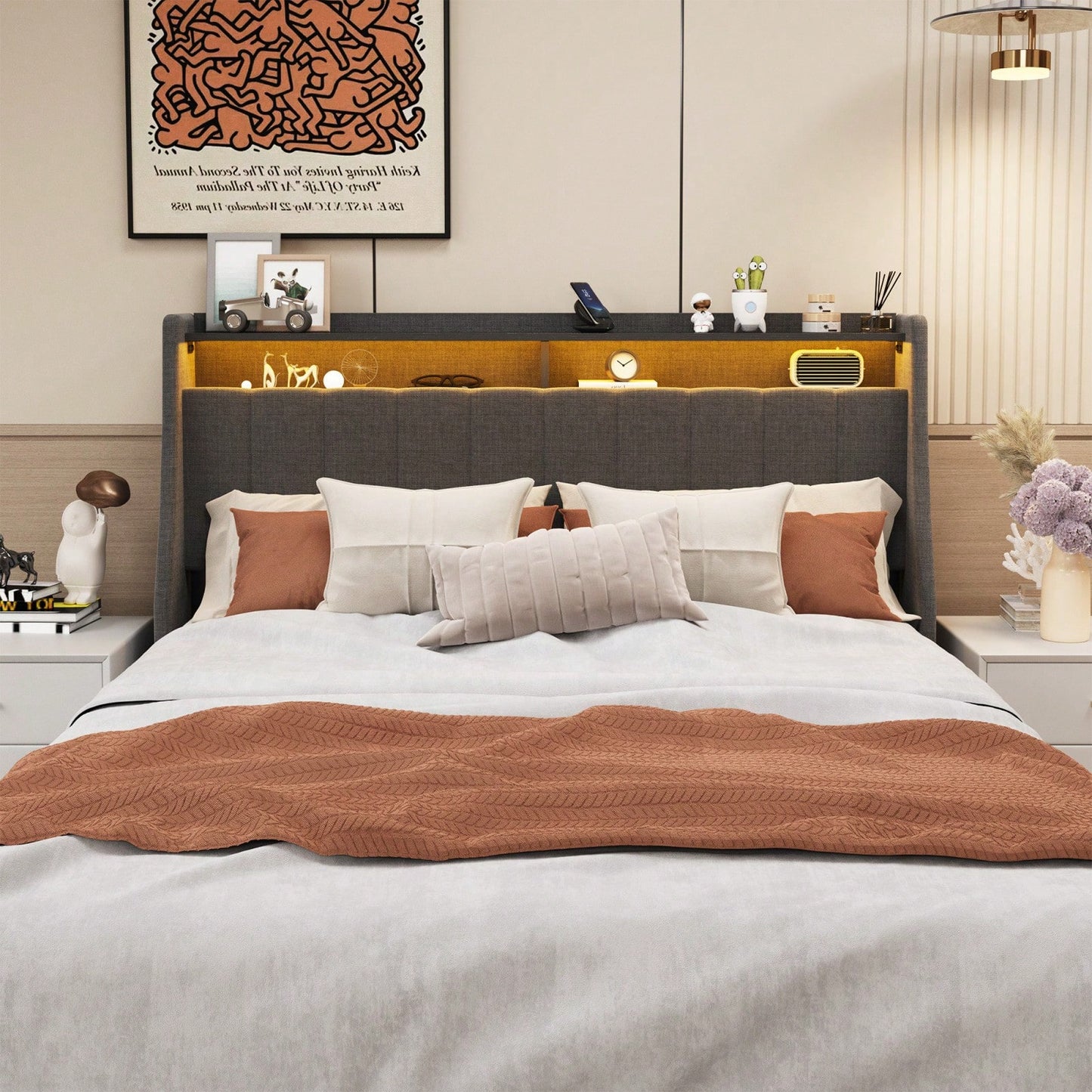 4 Drawers Under Bed Frame With LED, Wings Headboard Design