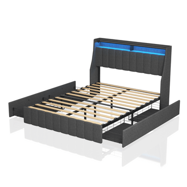 4 Drawers Under Bed Frame With LED, Wings Headboard Design