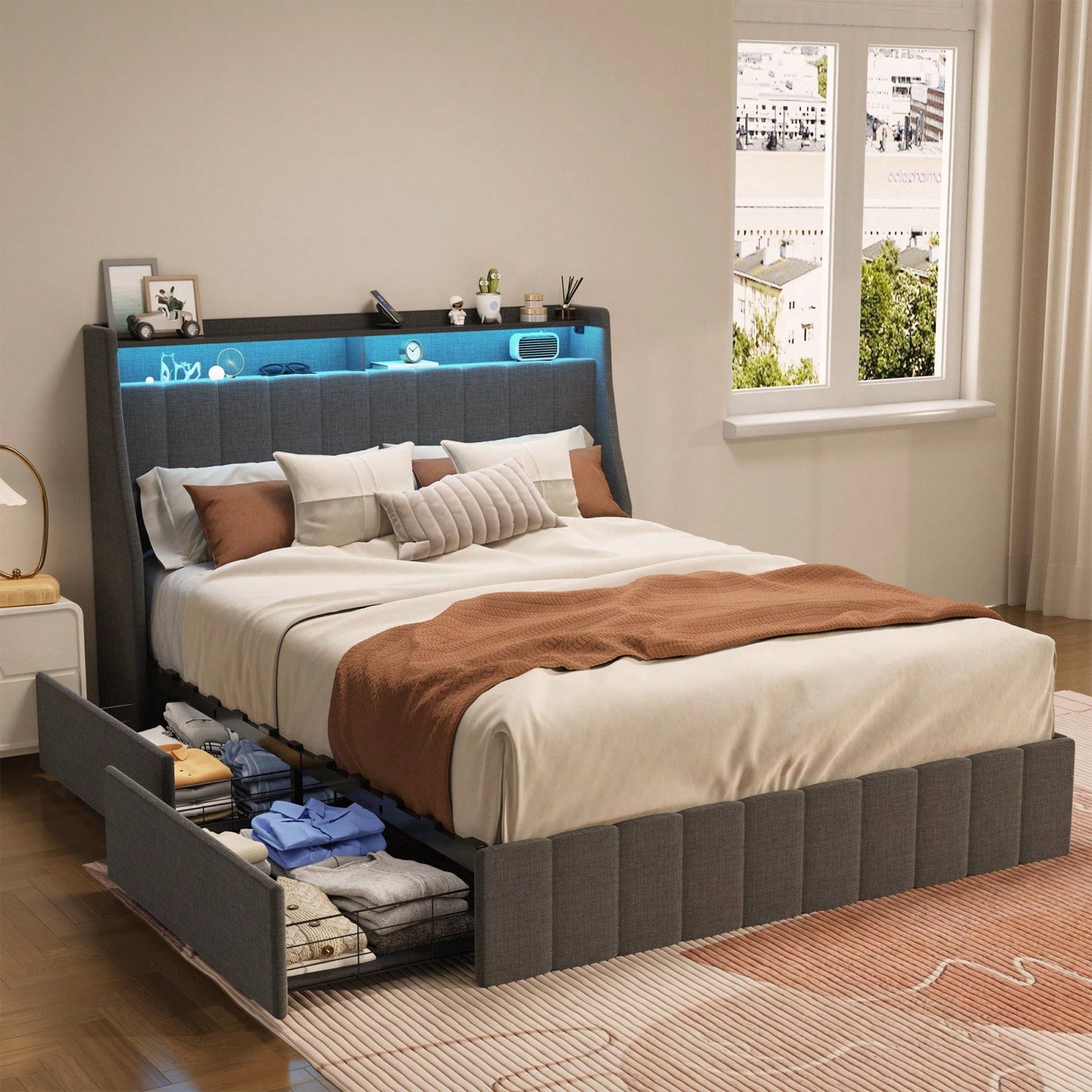4 Drawers Under Bed Frame With LED, Wings Headboard Design