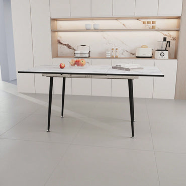 Modern 63 Inch MDF Square White Marble Pattern Dining Table with Tapered Black Metal Legs for Kitchen and Dining Room