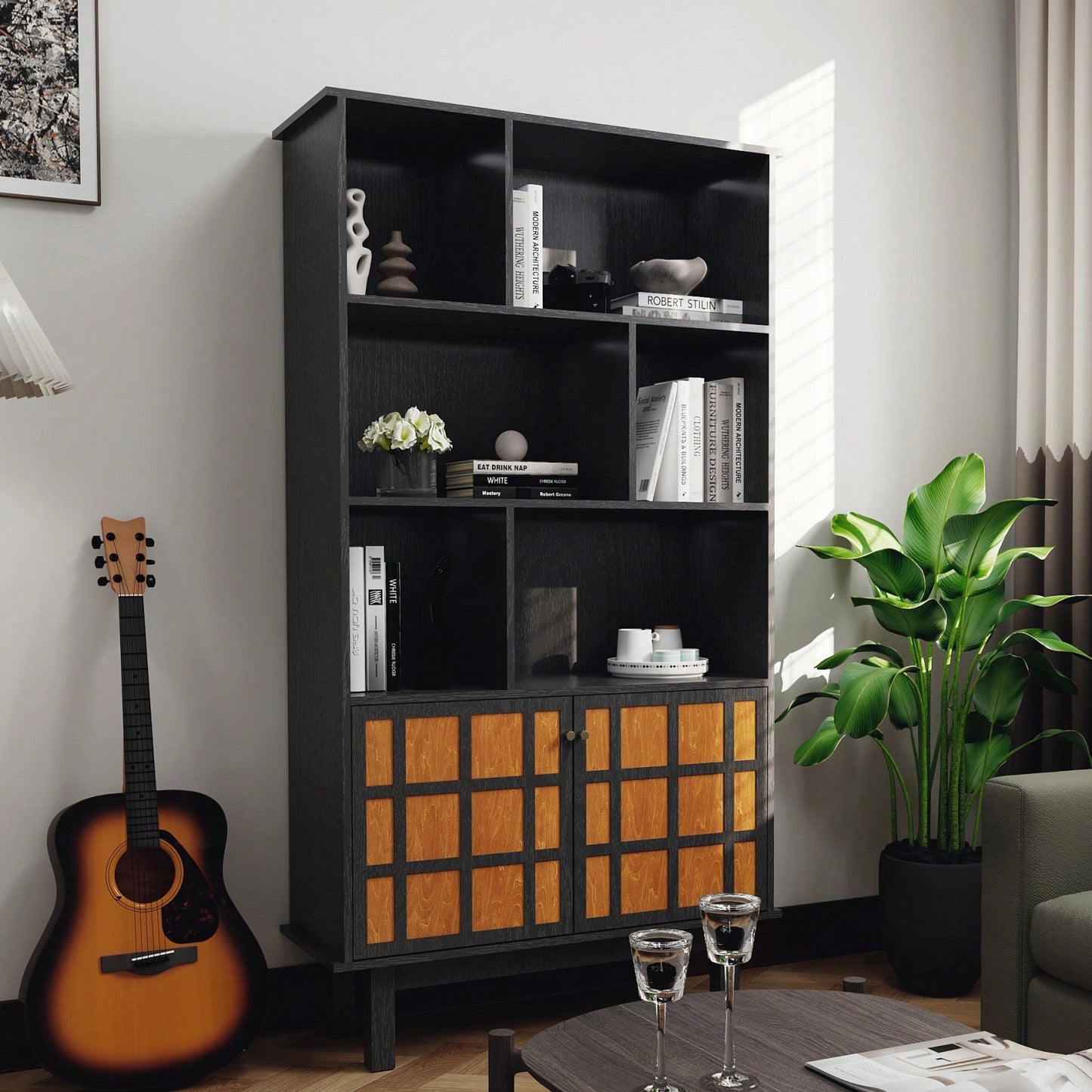 3-Tier Bookcase With Cabinet, Bookshelf With Doors