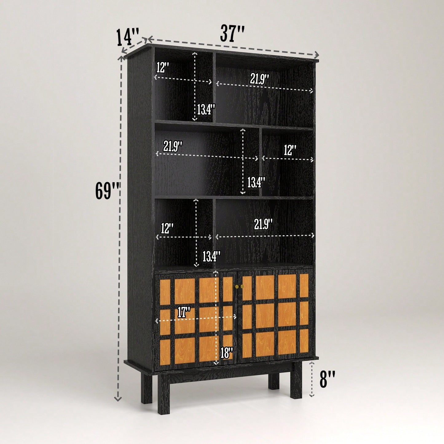 3-Tier Bookcase With Cabinet, Bookshelf With Doors