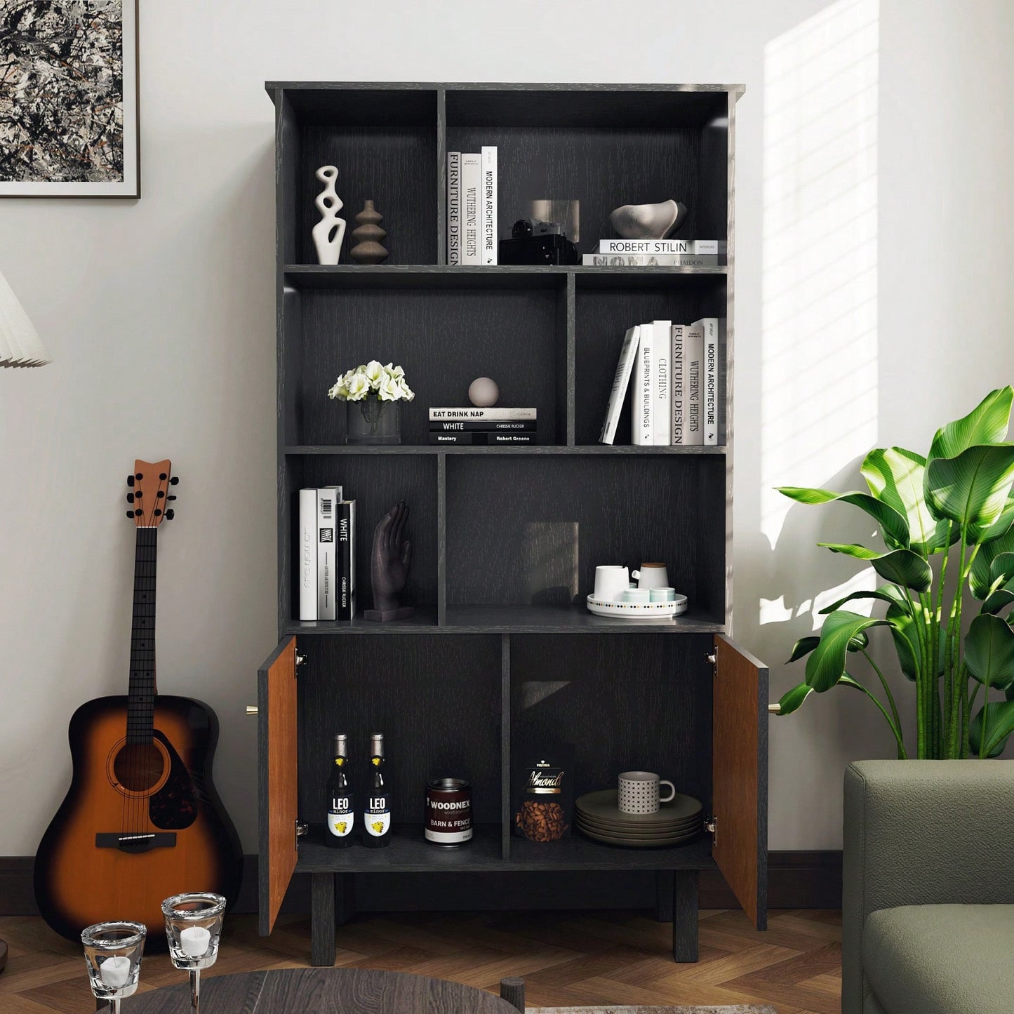 3-Tier Bookcase With Cabinet, Bookshelf With Doors