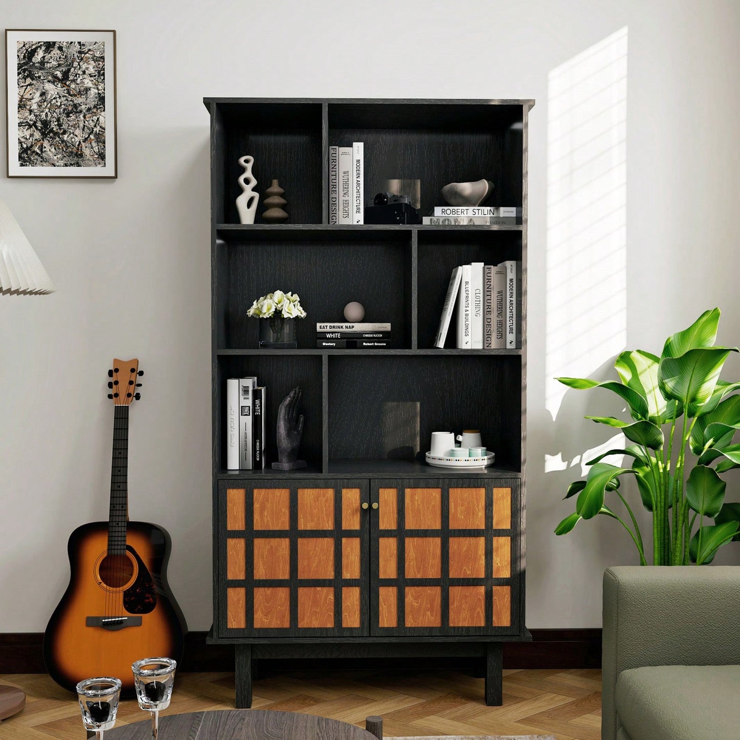 3-Tier Bookcase With Cabinet, Bookshelf With Doors