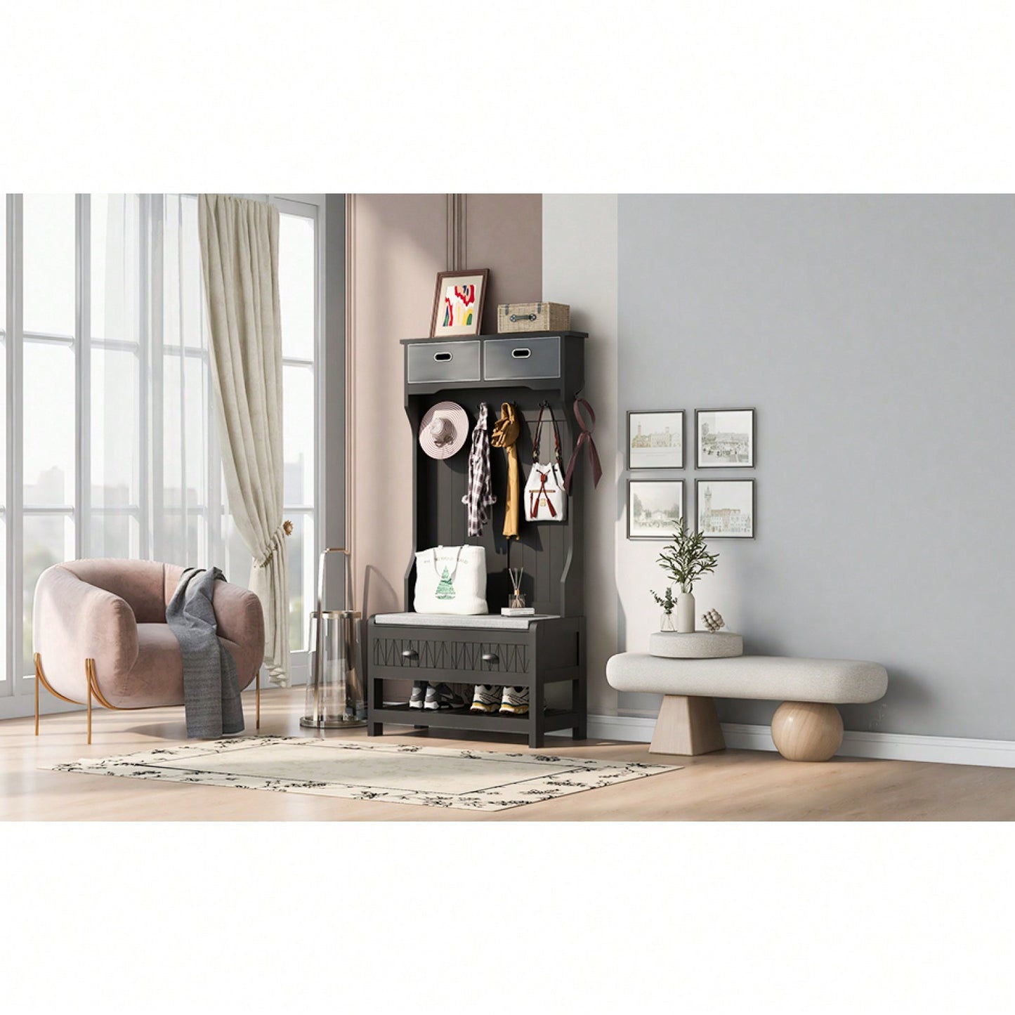 Hall Tree With 6 Hooks And Hinged Lid, Coat Hanger, Entryway Bench, Storage Bench, 3-In-1 Design,For Entrance, Hallway