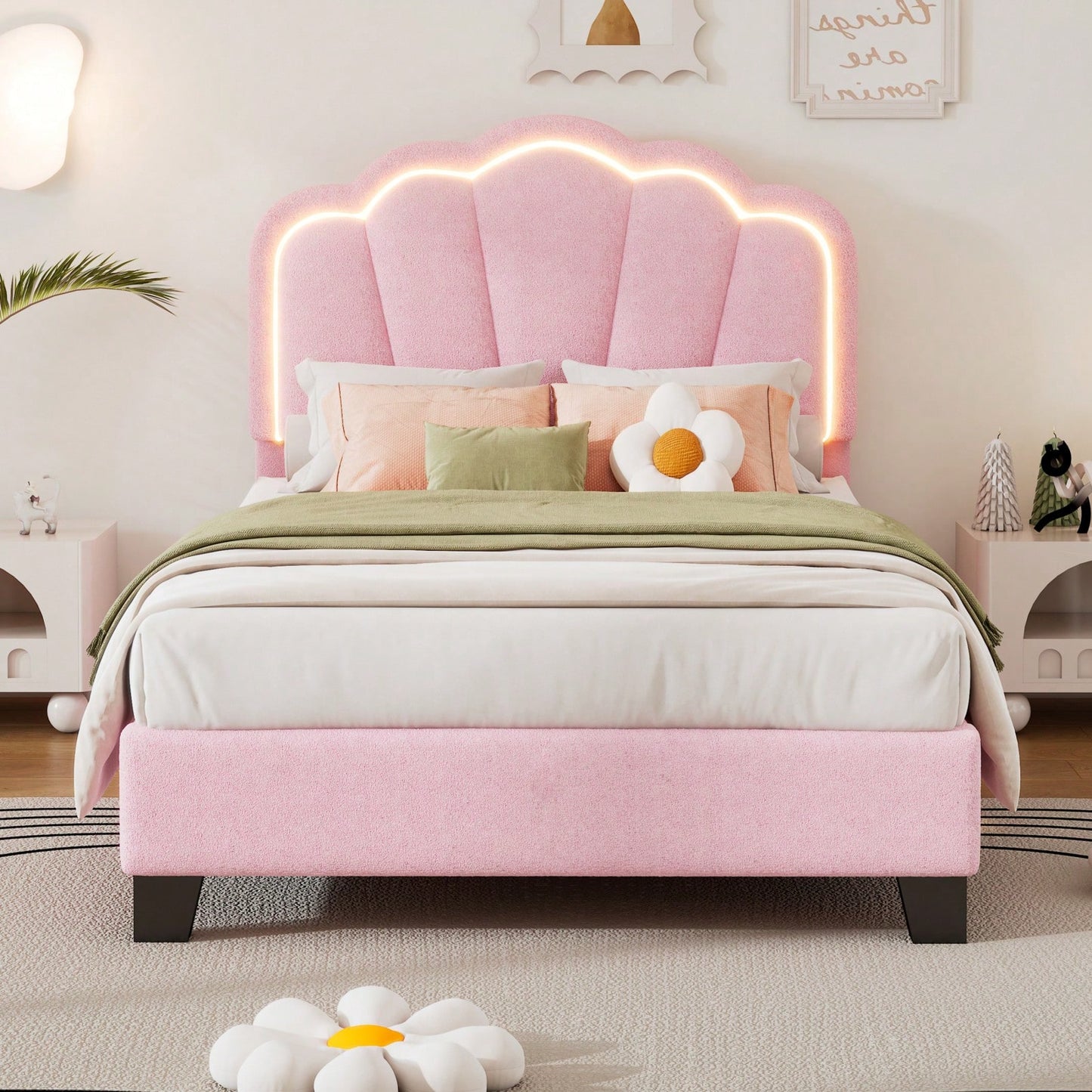 Twin Size Upholstered Flower-Shape Bed Elegant Flower Headboard With LED Light Strip