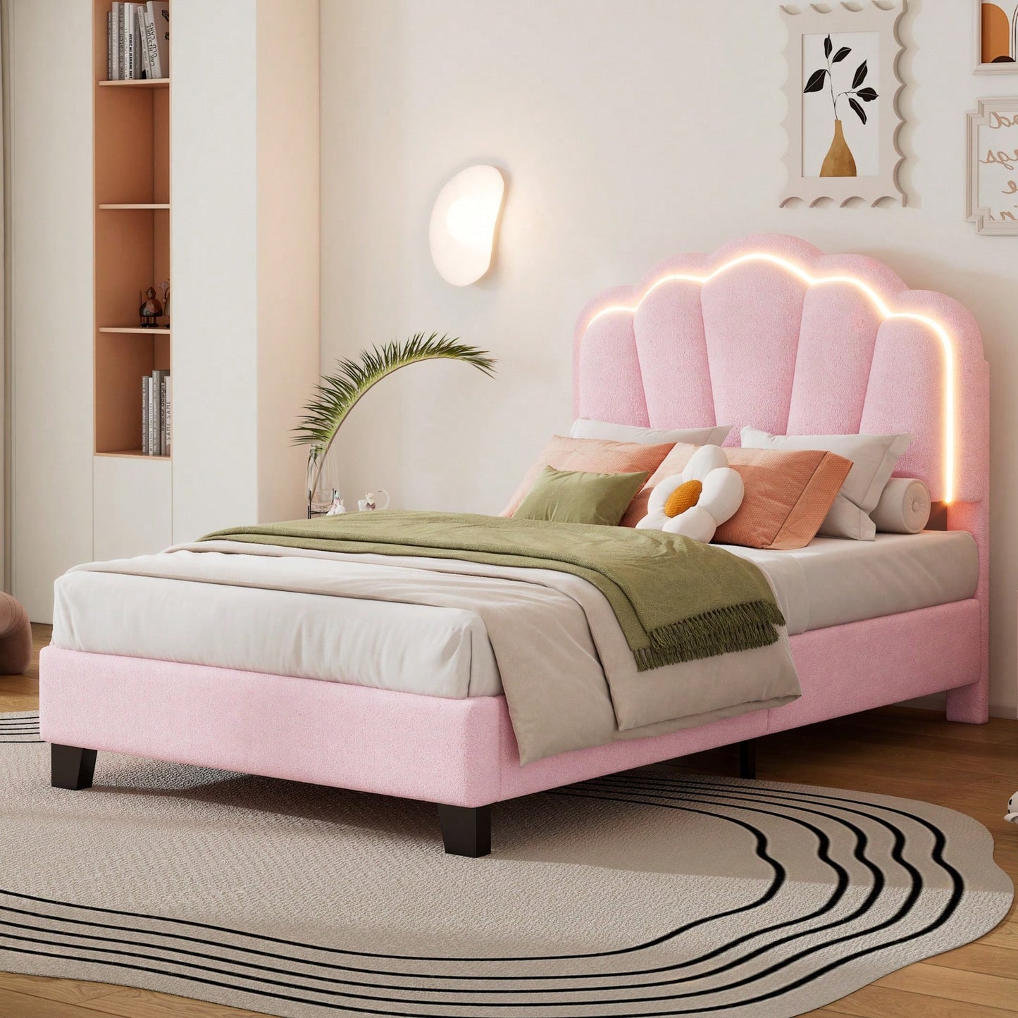 Twin Size Upholstered Flower-Shape Bed Elegant Flower Headboard With LED Light Strip