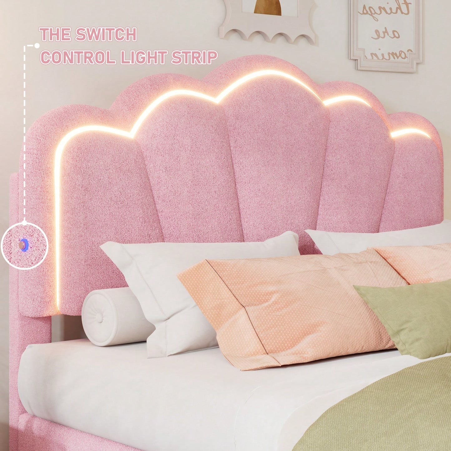 Twin Size Upholstered Flower-Shape Bed Elegant Flower Headboard With LED Light Strip