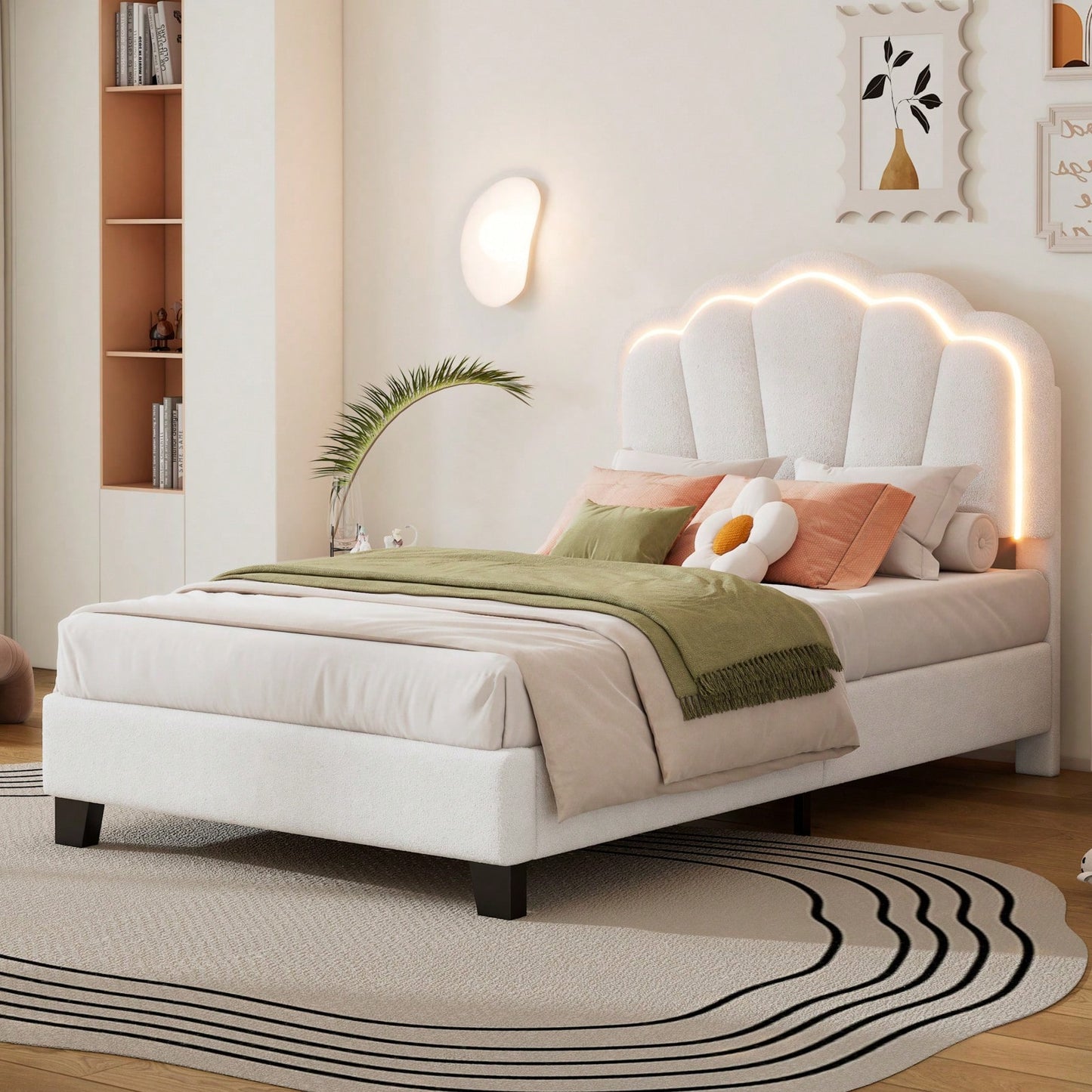 Twin Size Upholstered Flower-Shape Bed Elegant Flower Headboard With LED Light Strip