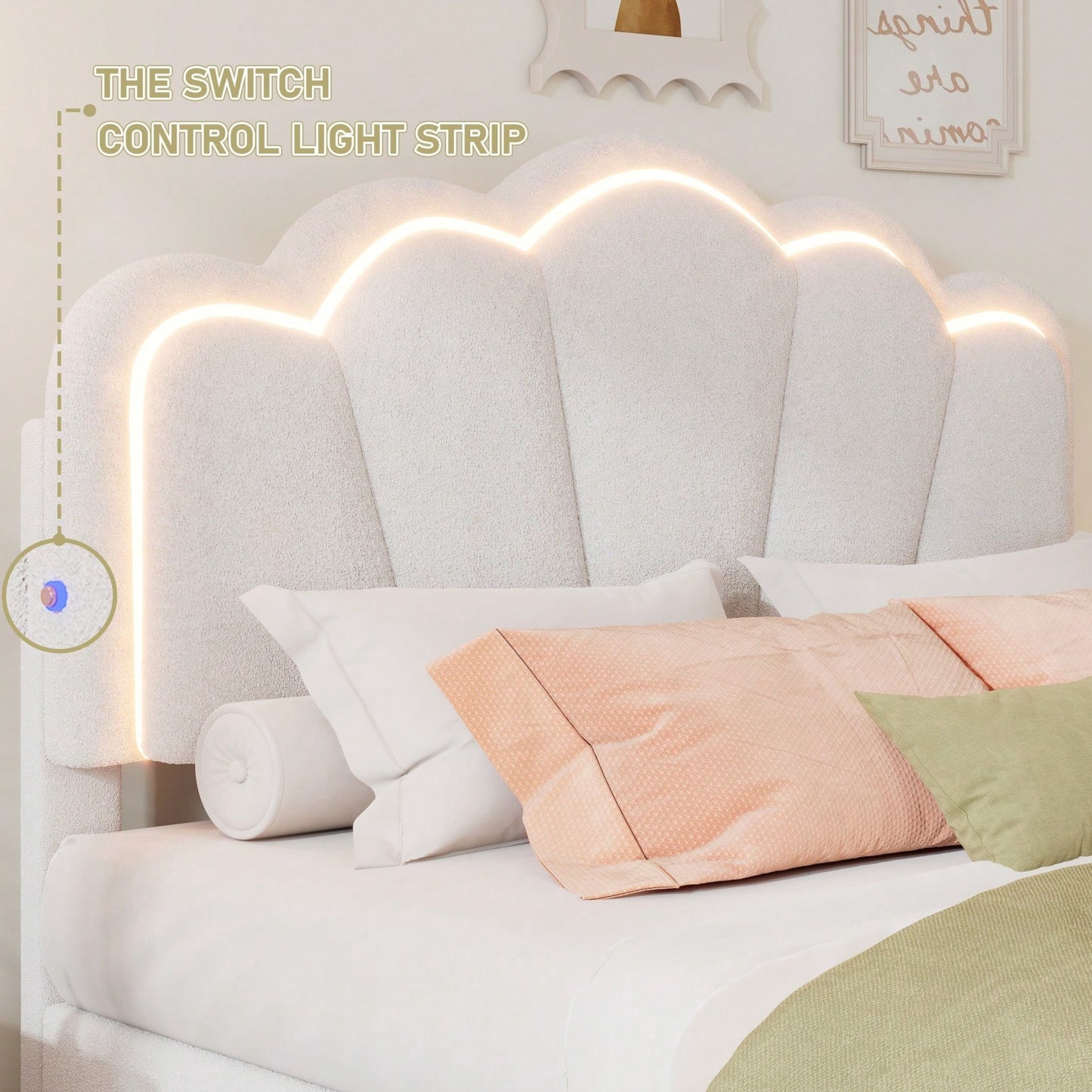 Twin Size Upholstered Flower-Shape Bed Elegant Flower Headboard With LED Light Strip