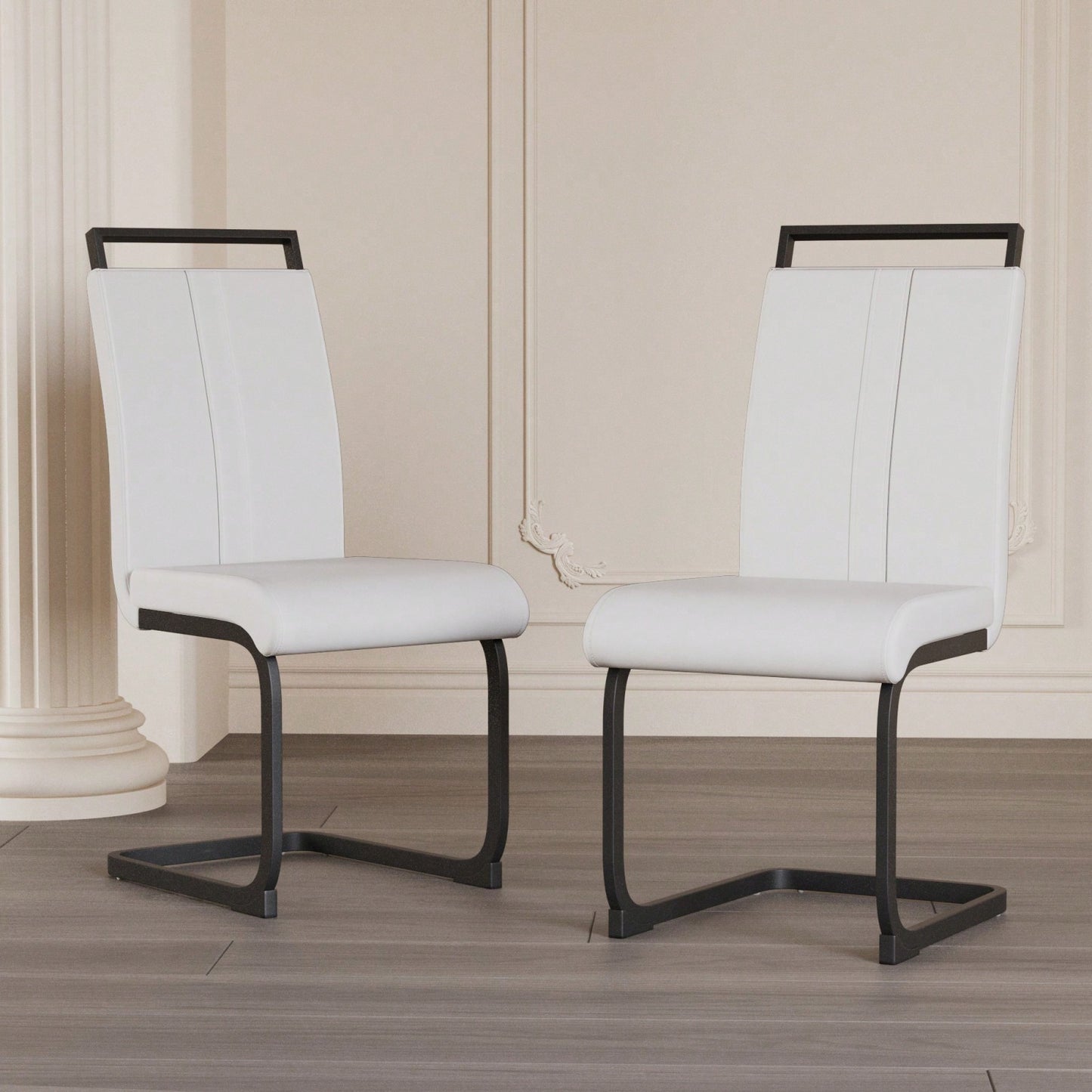 Set of 2 Modern PU Faux Leather High Back Dining Chairs with Black Metal Legs for Kitchen Office and Dining Room