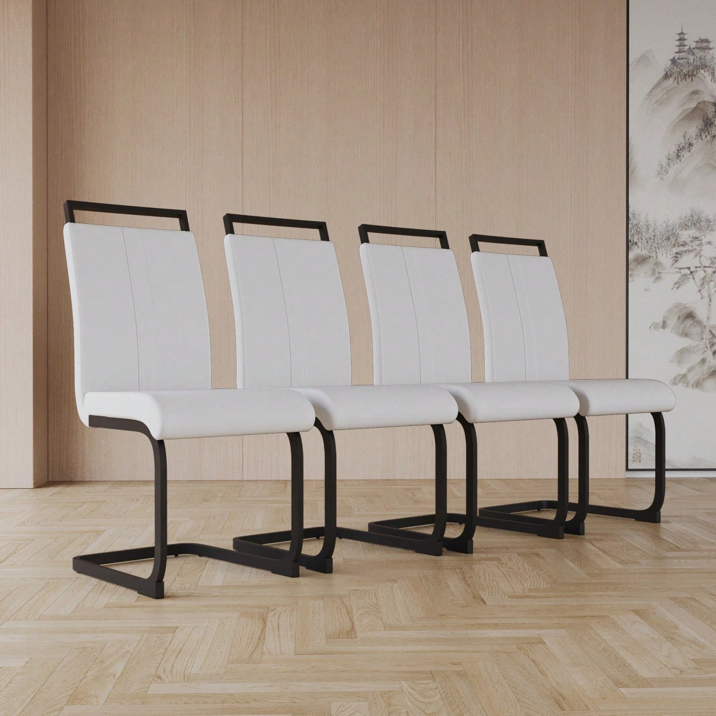 Set of 2 Modern PU Faux Leather High Back Dining Chairs with Black Metal Legs for Kitchen Office and Dining Room