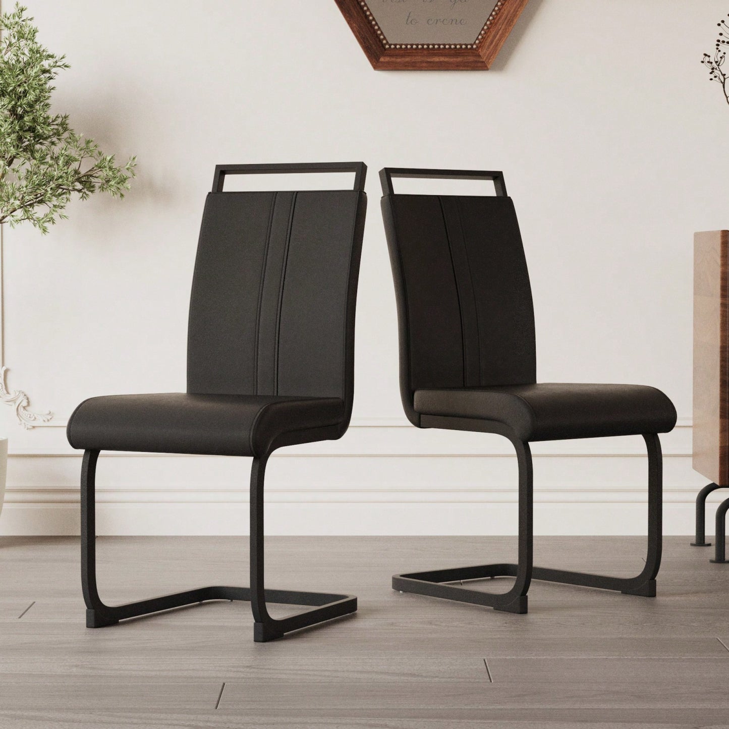Set of 2 Modern PU Faux Leather High Back Dining Chairs with Black Metal Legs for Kitchen Office and Dining Room