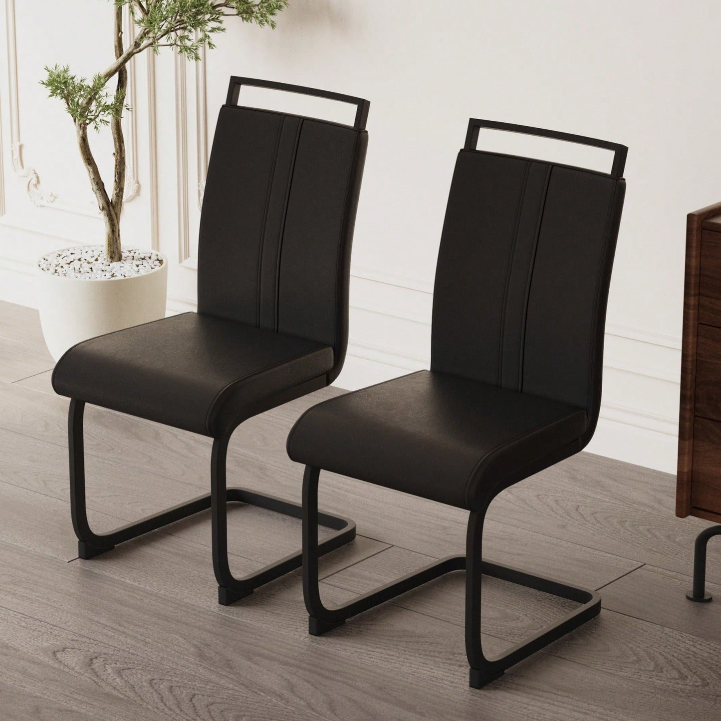 Set of 2 Modern PU Faux Leather High Back Dining Chairs with Black Metal Legs for Kitchen Office and Dining Room