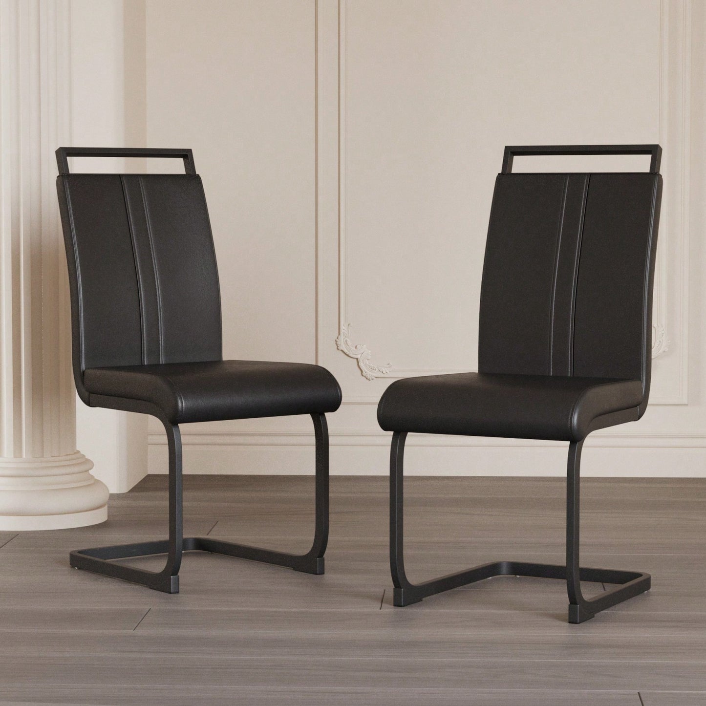 Set of 2 Modern PU Faux Leather High Back Dining Chairs with Black Metal Legs for Kitchen Office and Dining Room