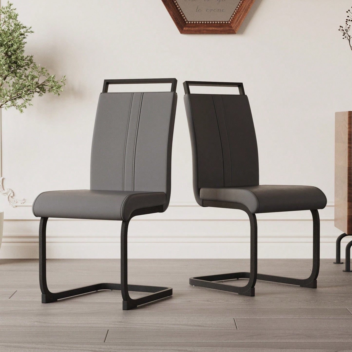 Set of 2 Modern PU Faux Leather High Back Dining Chairs with Black Metal Legs for Kitchen Office and Dining Room