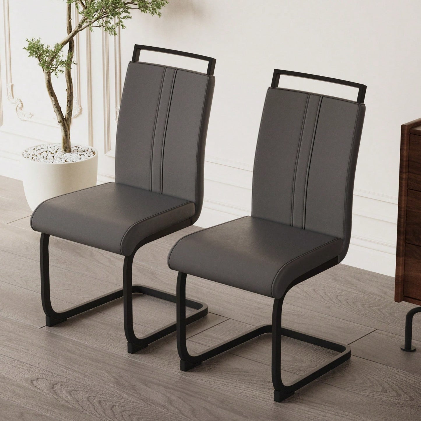 Set of 2 Modern PU Faux Leather High Back Dining Chairs with Black Metal Legs for Kitchen Office and Dining Room