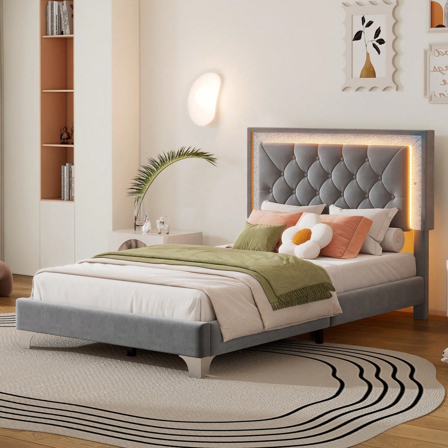 Upholstered Bed Frame With LED Lights,Modern Velvet Bed With Tufted Headboard