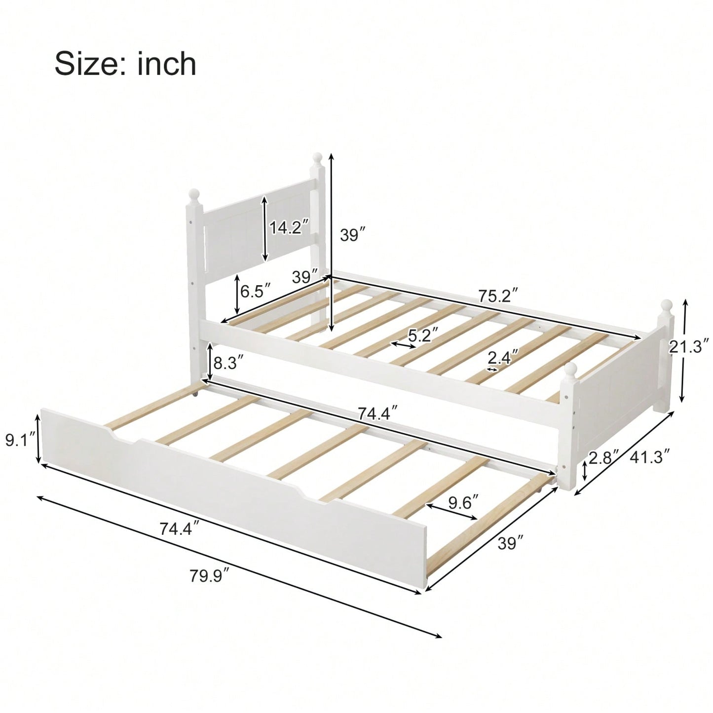 Twin Size Solid Wood Platform Bed Frame With Trundle For Limited Space Kids, Teens, Adults, No Need Box Spring