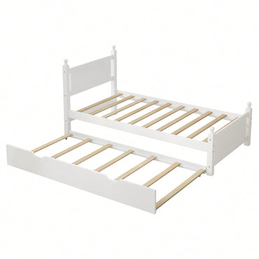 Twin Size Solid Wood Platform Bed Frame With Trundle For Limited Space Kids, Teens, Adults, No Need Box Spring