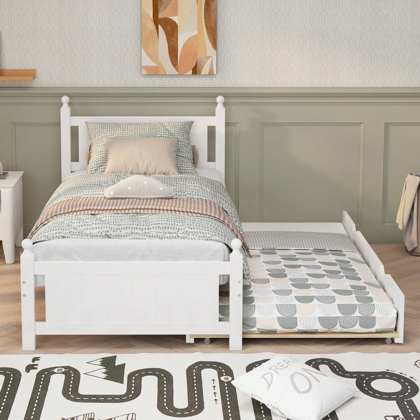 Twin Size Solid Wood Platform Bed Frame With Trundle For Limited Space Kids, Teens, Adults, No Need Box Spring