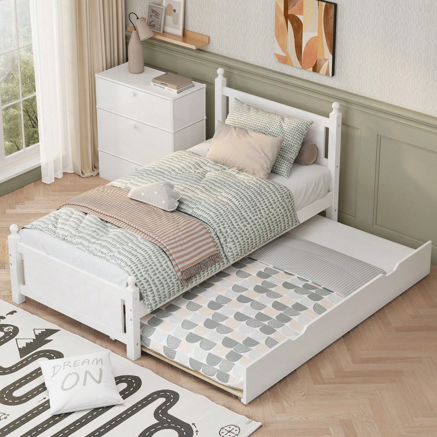 Twin Size Solid Wood Platform Bed Frame With Trundle For Limited Space Kids, Teens, Adults, No Need Box Spring