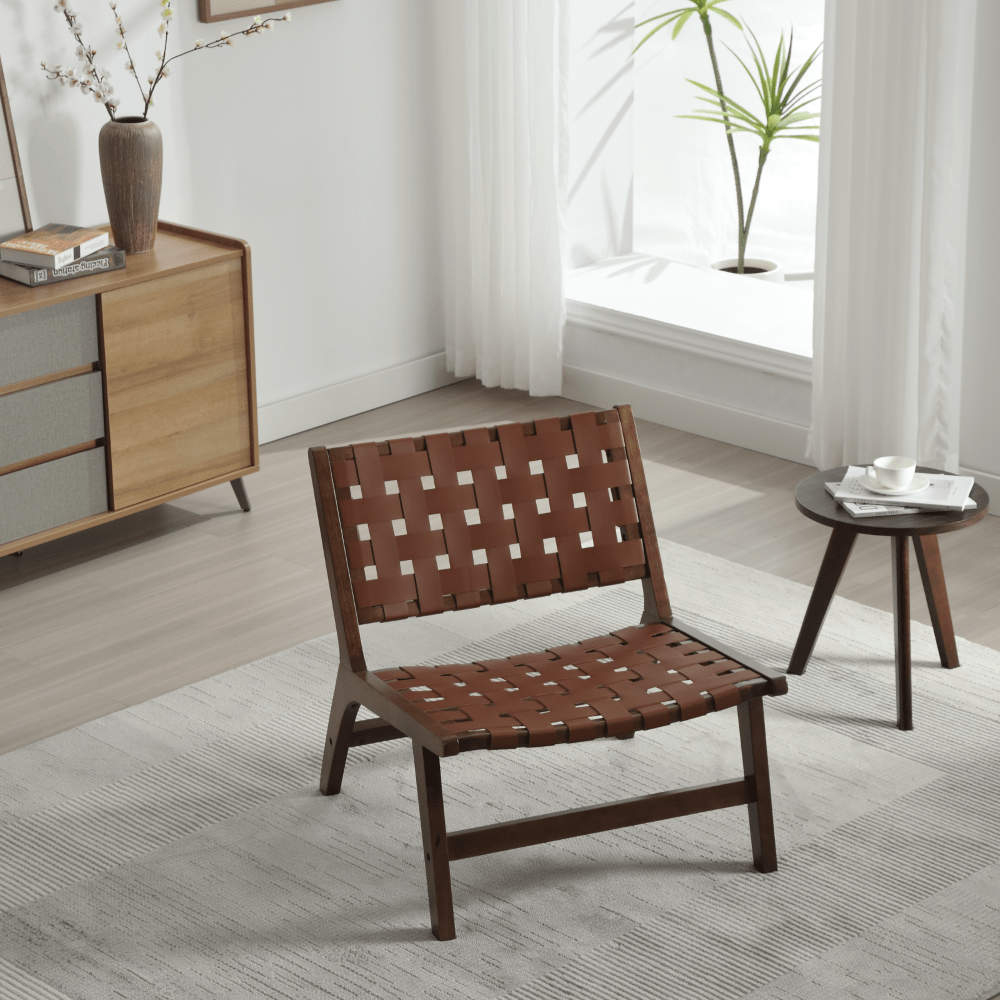 Saddle Leather Woven Leisure Chair, Solid Wood Legs, Suitable For Living Room, Study Or Balcony
