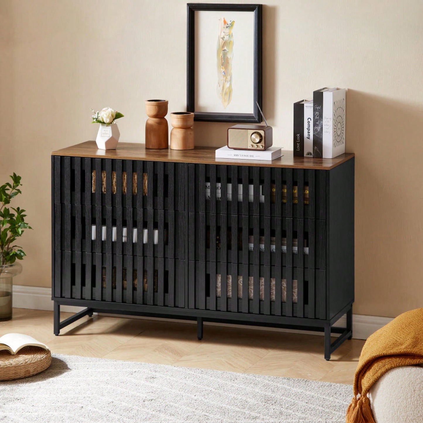 6 Drawer Double Dresser With Slatted Grille Striped Drawer, Modern Style Dresser, High-Quality MDF And Metal Leg