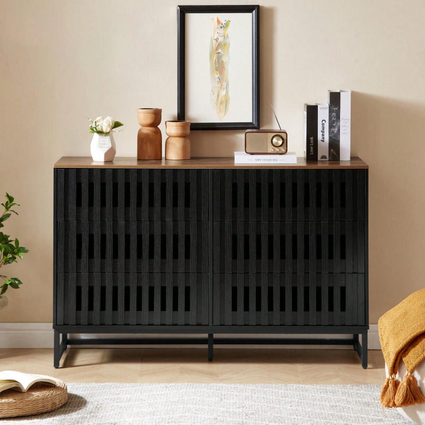 6 Drawer Double Dresser With Slatted Grille Striped Drawer, Modern Style Dresser, High-Quality MDF And Metal Leg