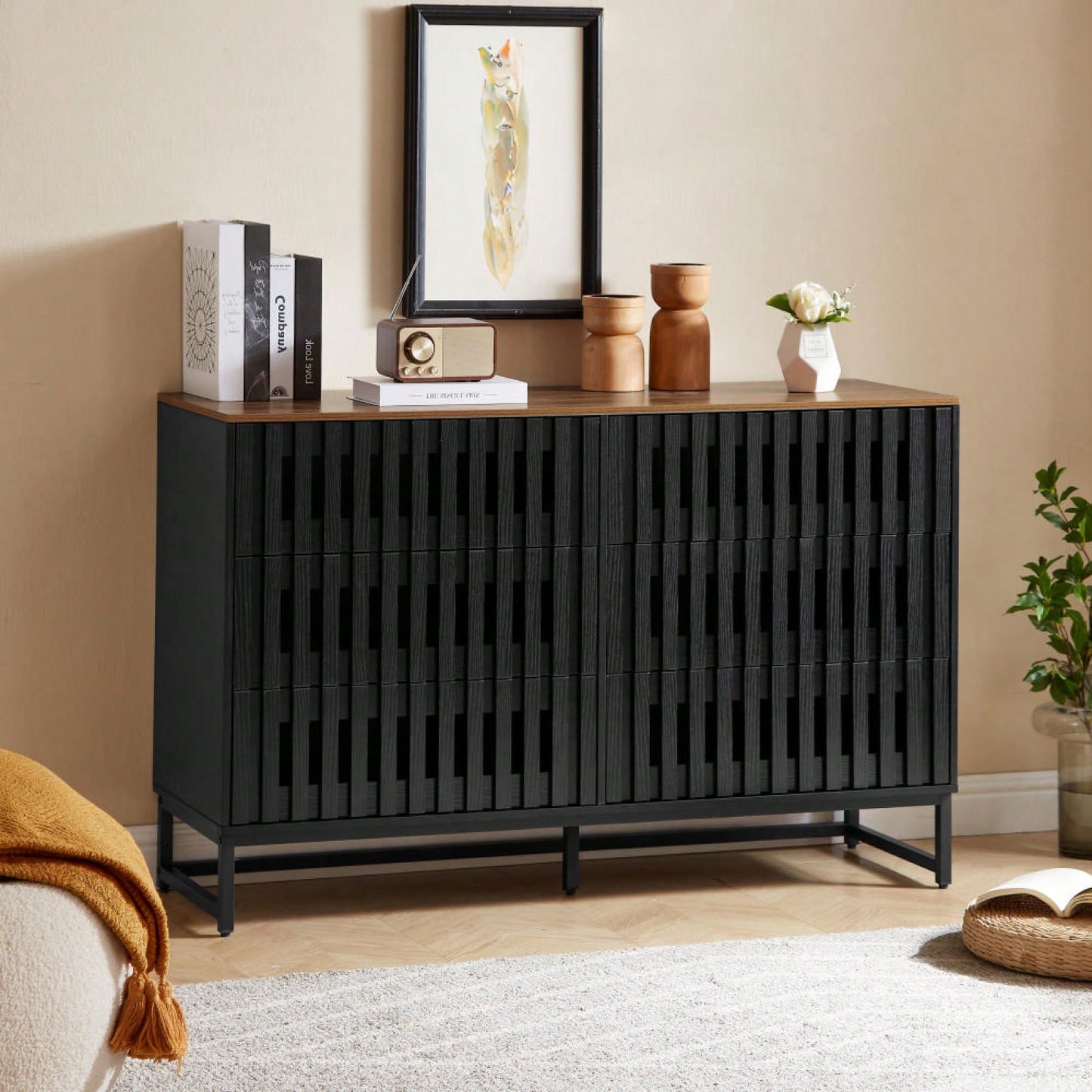6 Drawer Double Dresser With Slatted Grille Striped Drawer, Modern Style Dresser, High-Quality MDF And Metal Leg