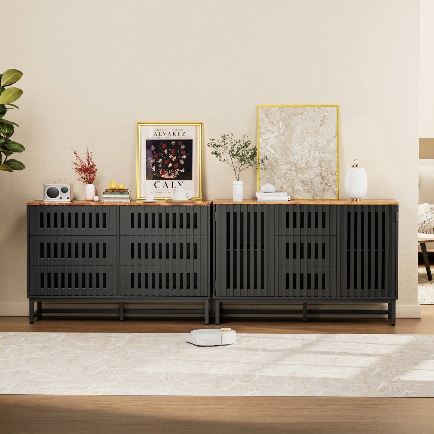 6 Drawer Double Dresser With Slatted Grille Striped Drawer, Modern Style Dresser, High-Quality MDF And Metal Leg