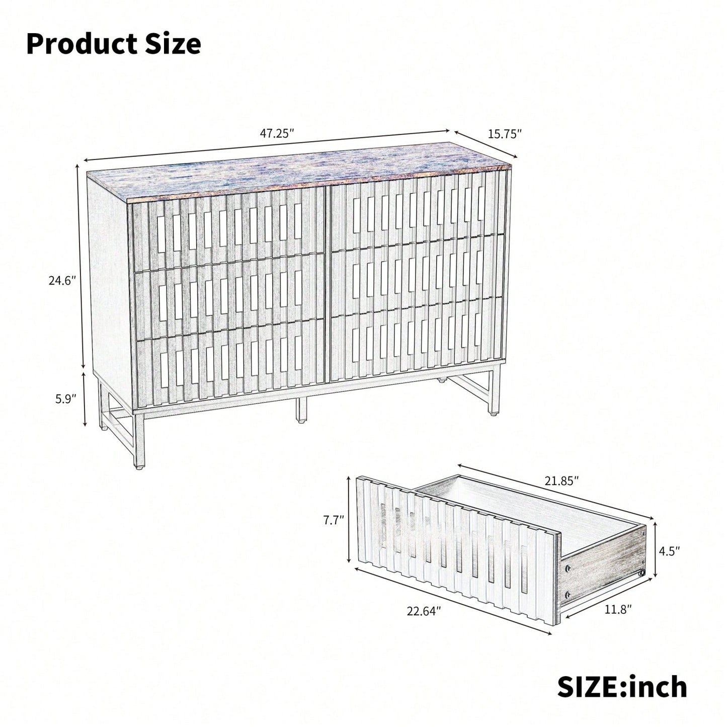 6 Drawer Double Dresser With Slatted Grille Striped Drawer, Modern Style Dresser, High-Quality MDF And Metal Leg